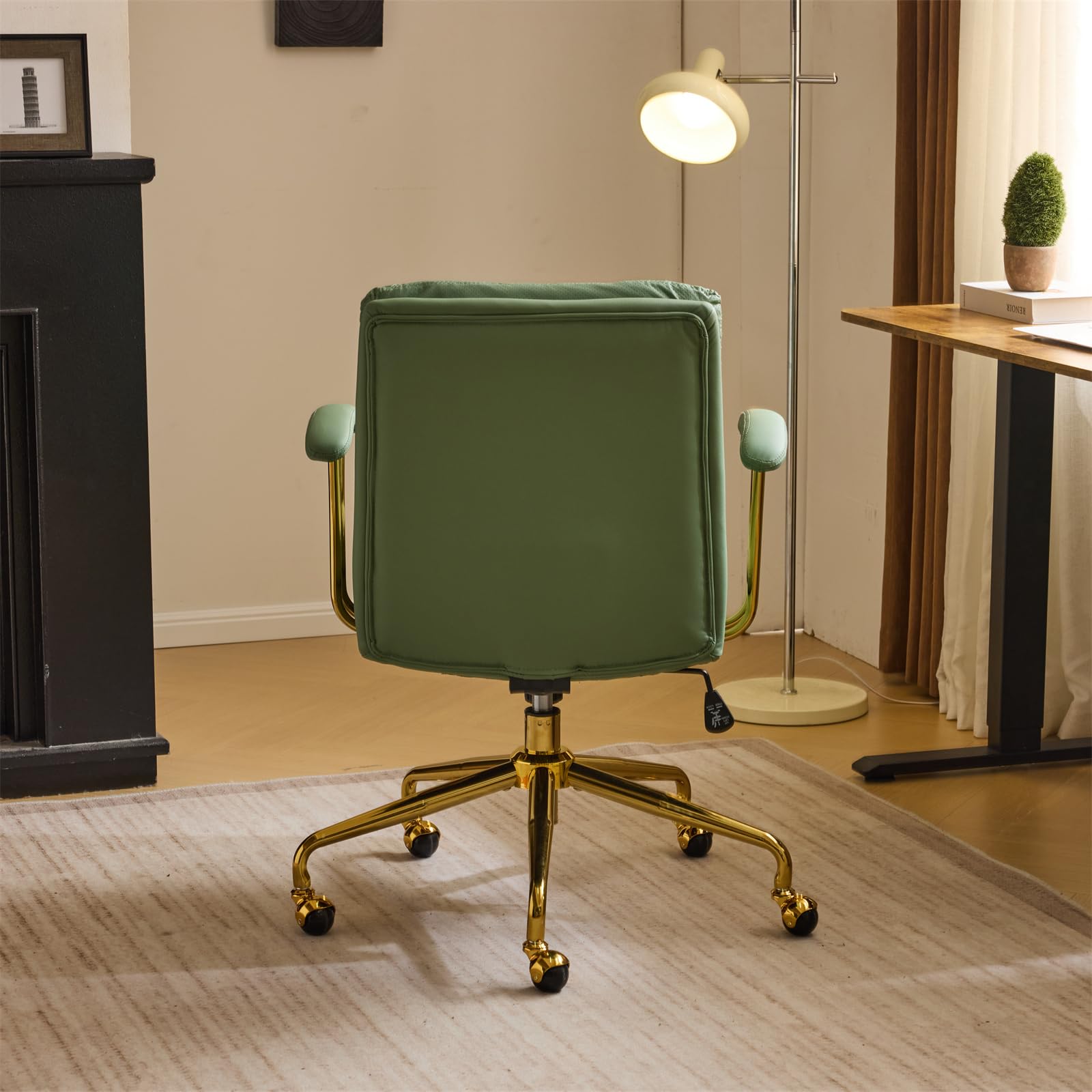 VINGLI Ergonomic Home Office Chair with Wheels & Adjustable Height - Removable Armrests, Swivel Rolling Task Chair for Study, Makeup, Office - Gold Base, Green PU Leather (Cat Scratch Resistant) - Perfect for Small Spaces & Long Work Hours