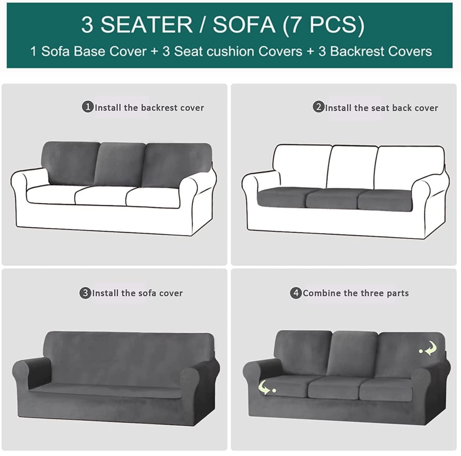 Stretch Velvet Sofa Cover Set - 7 Piece Split Sectional Couch Slipcover with Separate Backrest & Seat Cushion Covers - Turquoise Furniture Protector for Chair, Loveseat & Sofa | Perfect for Living Room, Bedroom & Home Decor