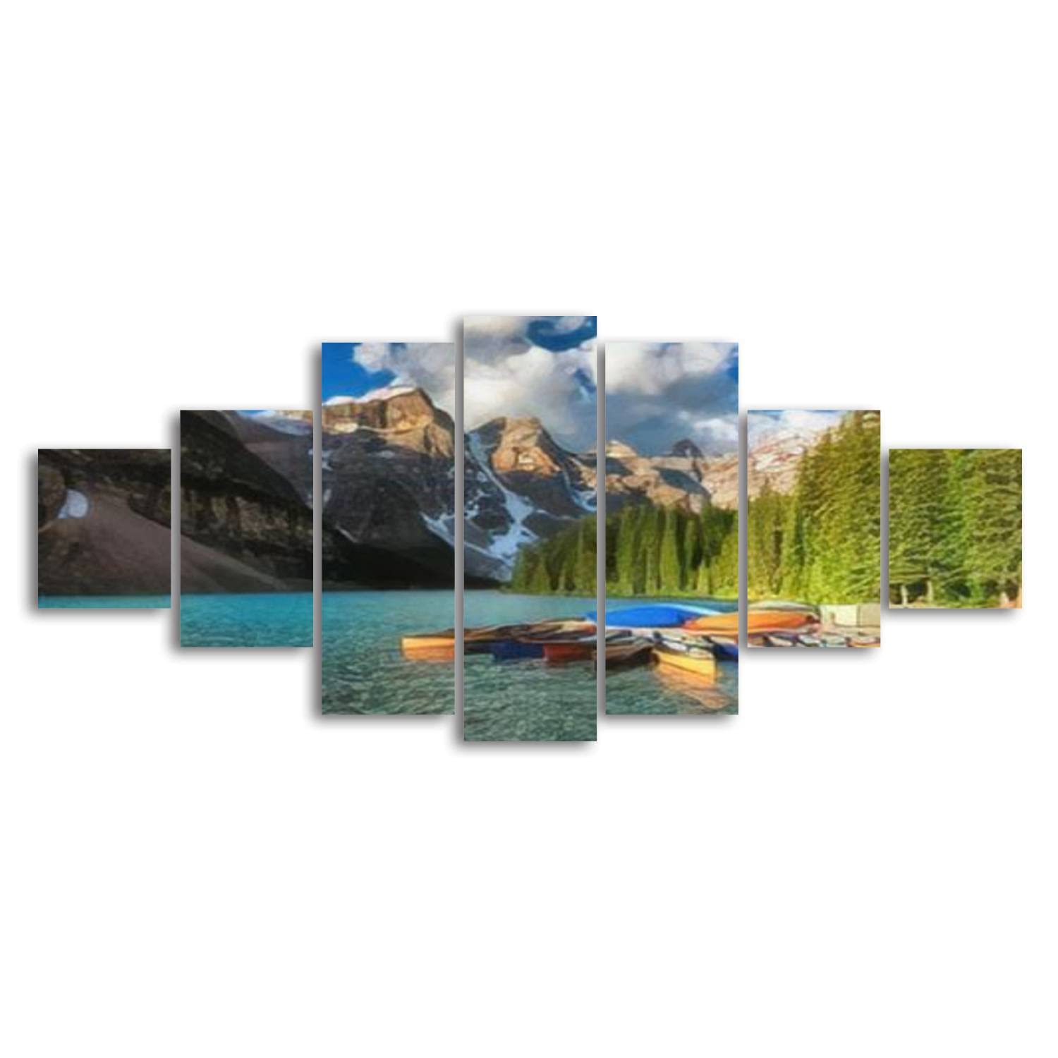 Sunrise Canoes on Moraine Lake - Banff National Park Rocky Mountains Alberta Canada Canvas Wall Art | 7-Panel Framed Painting for Living Room, Bedroom & Office Decor | Ready to Hang Large Size | Perfect for Nature Lovers & Home Interior Design