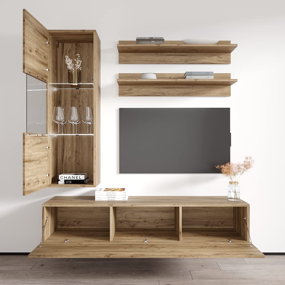 Modern Oak Floating TV Stand with Storage & LED Lights - Wall-Mounted Entertainment Center for Bedroom & Living Room - H3 30TV Console with Shelves - Perfect for Small Spaces & Home Theater Setup