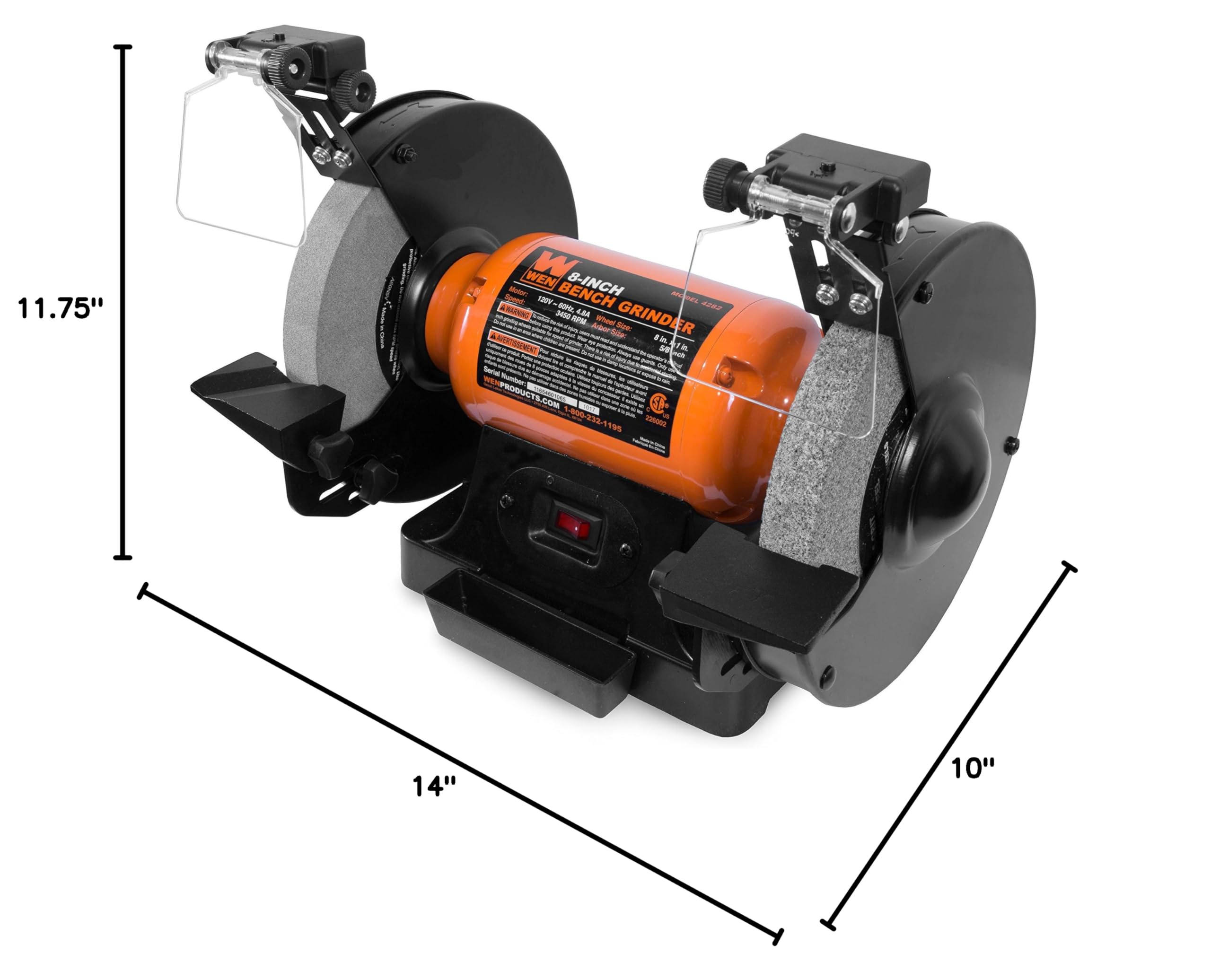 WEN BG4282 4.8-Amp 8-Inch Single Speed Bench Grinder with LED Work Lights | 14 x 10 x 11.75 Inches | Black & Orange | Perfect for Metalworking, Sharpening Tools & DIY Projects