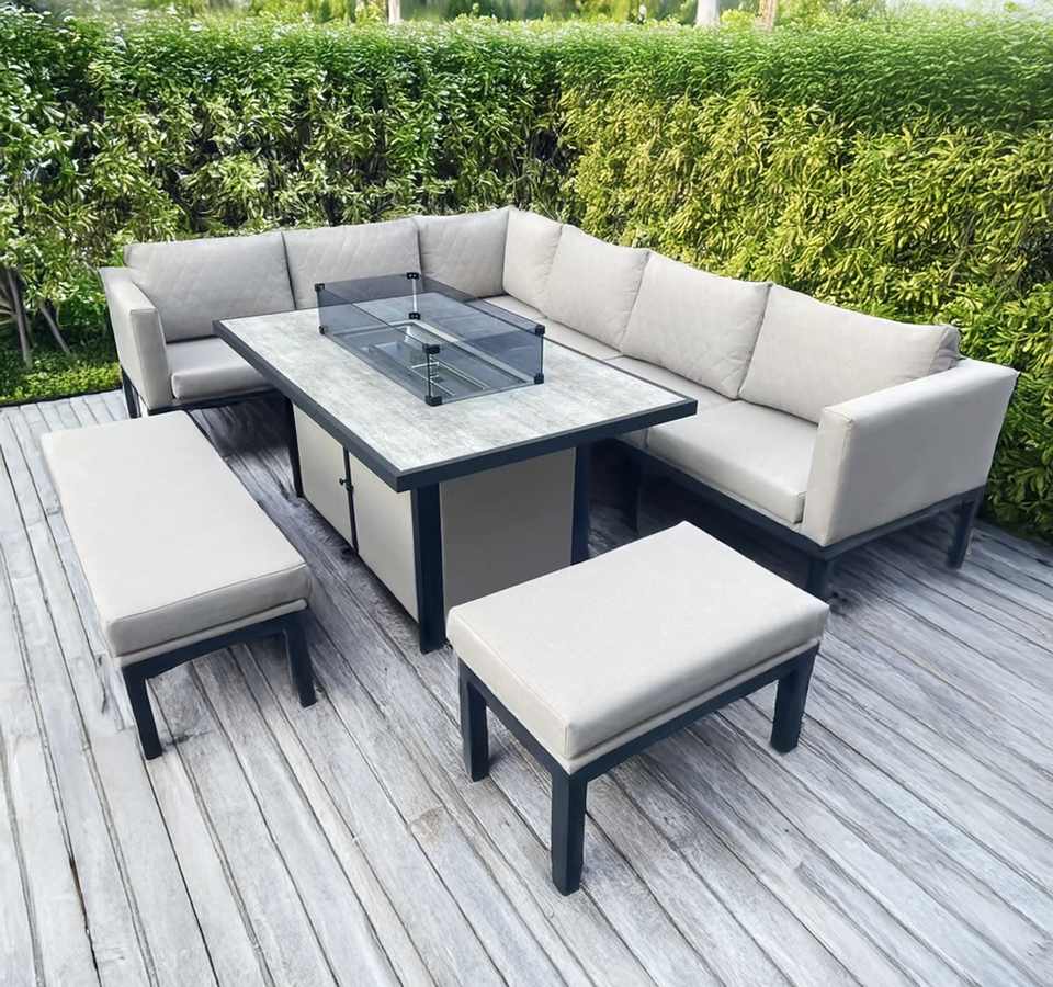 Malaga Beige L-Shaped Metal Patio Set with Rectangular Fire Pit Table - Outdoor Furniture for Garden, Backyard, and Poolside Relaxation