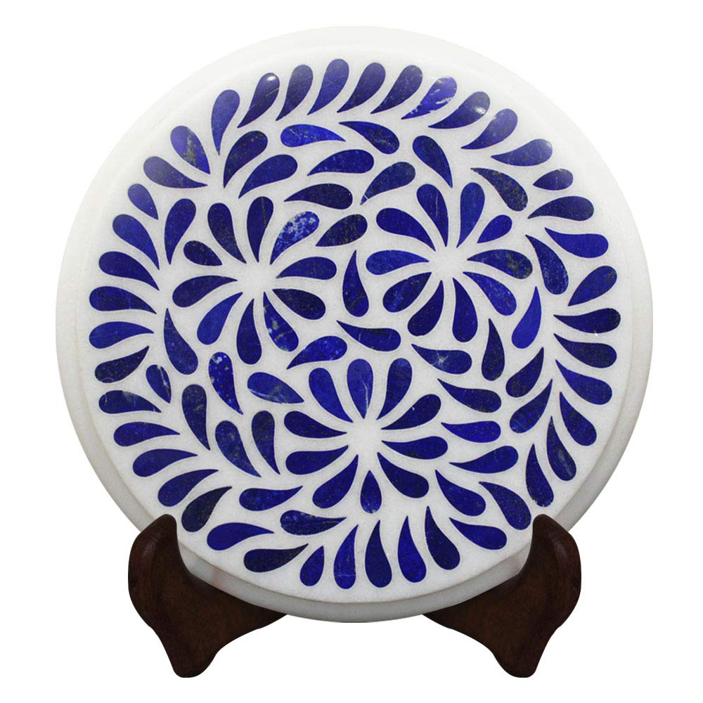 Queenza 9X9 Inch Round White Marble Cheese Board with Lapis Lazuli Gemstone Inlay - Elegant Serving Tray for Cheese, Charcuterie & Appetizers - Perfect Housewarming Gift & Christmas Present for Food Lovers