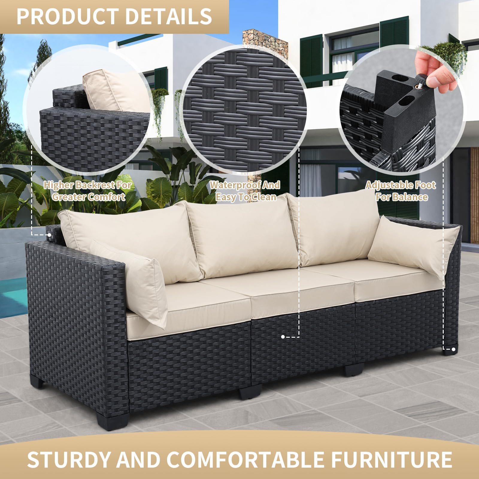 Valita 3-Seat Outdoor Rattan Sofa Set - Black PE Wicker Patio Loveseat with Washable Khaki Cushions - Perfect for Garden, Backyard, Poolside & Balcony Relaxation