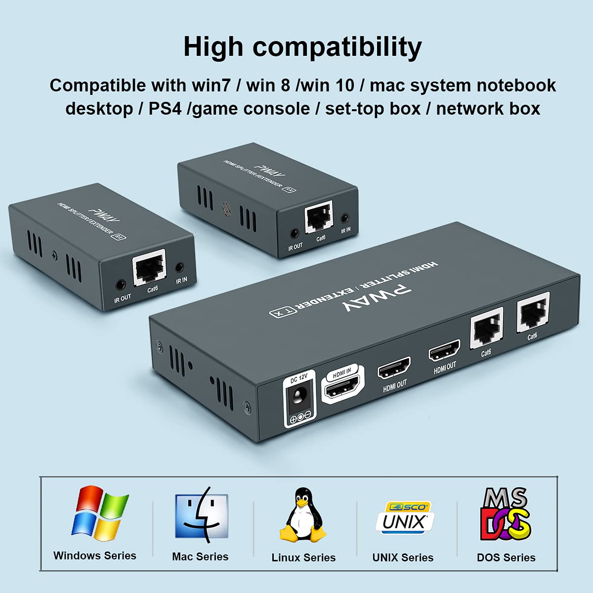 Premium HDMI Extender Splitter 1x2 1080p - 4K Compatible Over Cat5e/Cat6/Cat7 Ethernet Cable (Up to 50m/165ft) with EDID Management, Bi-Directional IR Remote & POC - Ideal for Home Theater, Gaming & Conference Room AV Setup