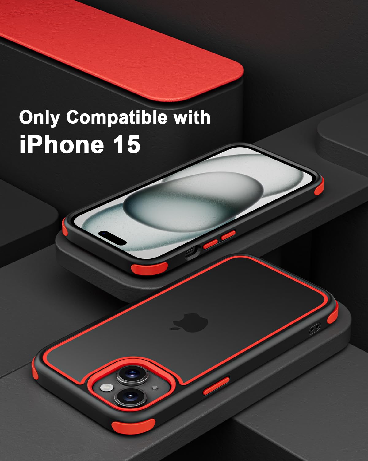 Premium Shockproof iPhone 15 Case - Crystal Clear Anti-Yellowing Hard PC Back & Soft Silicone TPU Bumper (Black/Red) - Drop Protection & Scratch Resistance for Everyday Use, Travel & Outdoor Activities