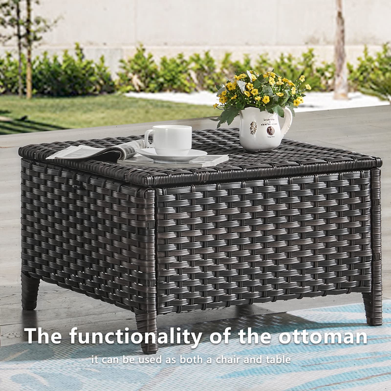 2-Piece Outdoor Wicker Ottoman Set with Thick Cushions - Brown/Blue Rattan Footrest Footstools for Patio, Garden & Poolside Relaxation