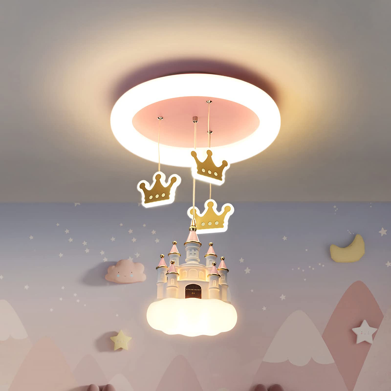 Pink Castle Kids Ceiling Lamp - Cartoon Cloud Resin Chandelier with Acrylic Lampshade - Modern Crown Mini Chandelier for Girls Bedroom, Nursery, Living Room & Dining Room Decor - Perfect for Princess-Themed Parties & Fantasy Room Design
