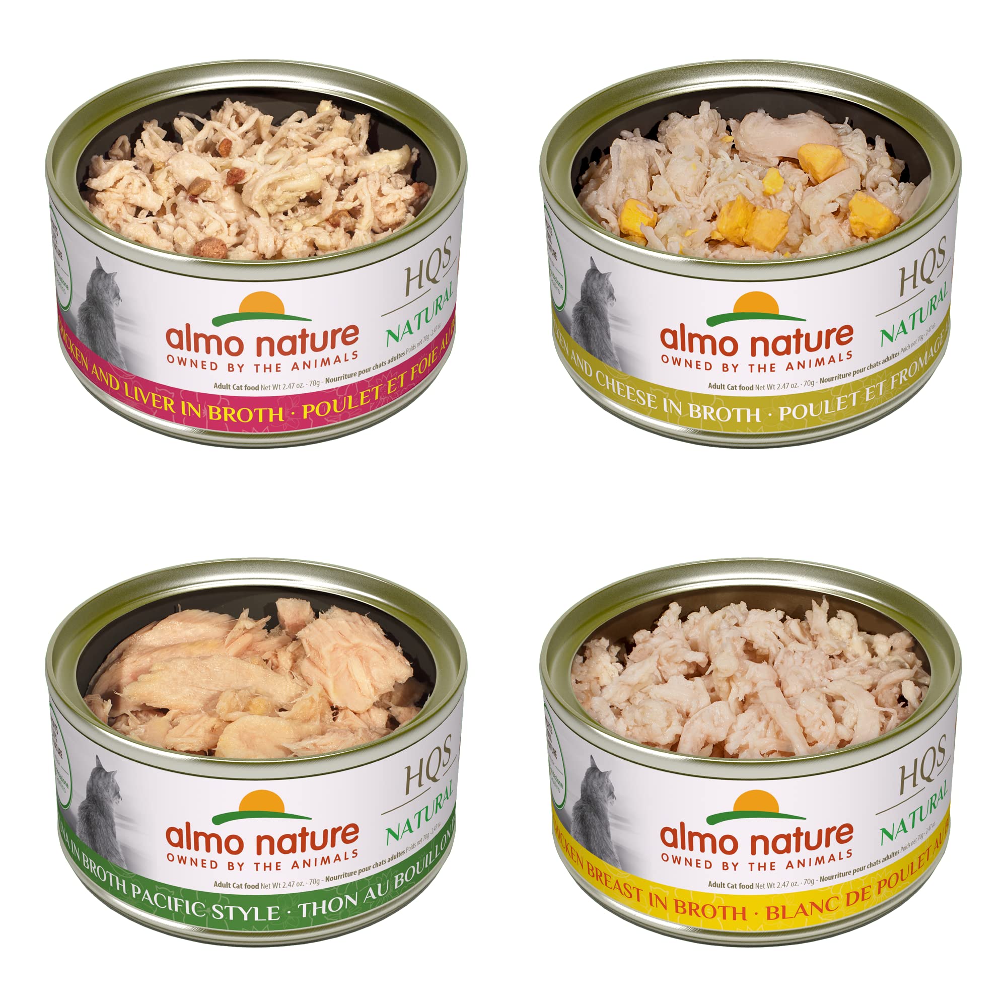 Almo Nature HQS Natural Grain-Free Cat Food Variety Pack - 24 Cans (Pacific Tuna, Chicken & Cheese, Chicken Breast, Chicken & Liver) | Additive-Free Wet Food for Adult Cats | Perfect for Mealtime, Travel & Picky Eaters
