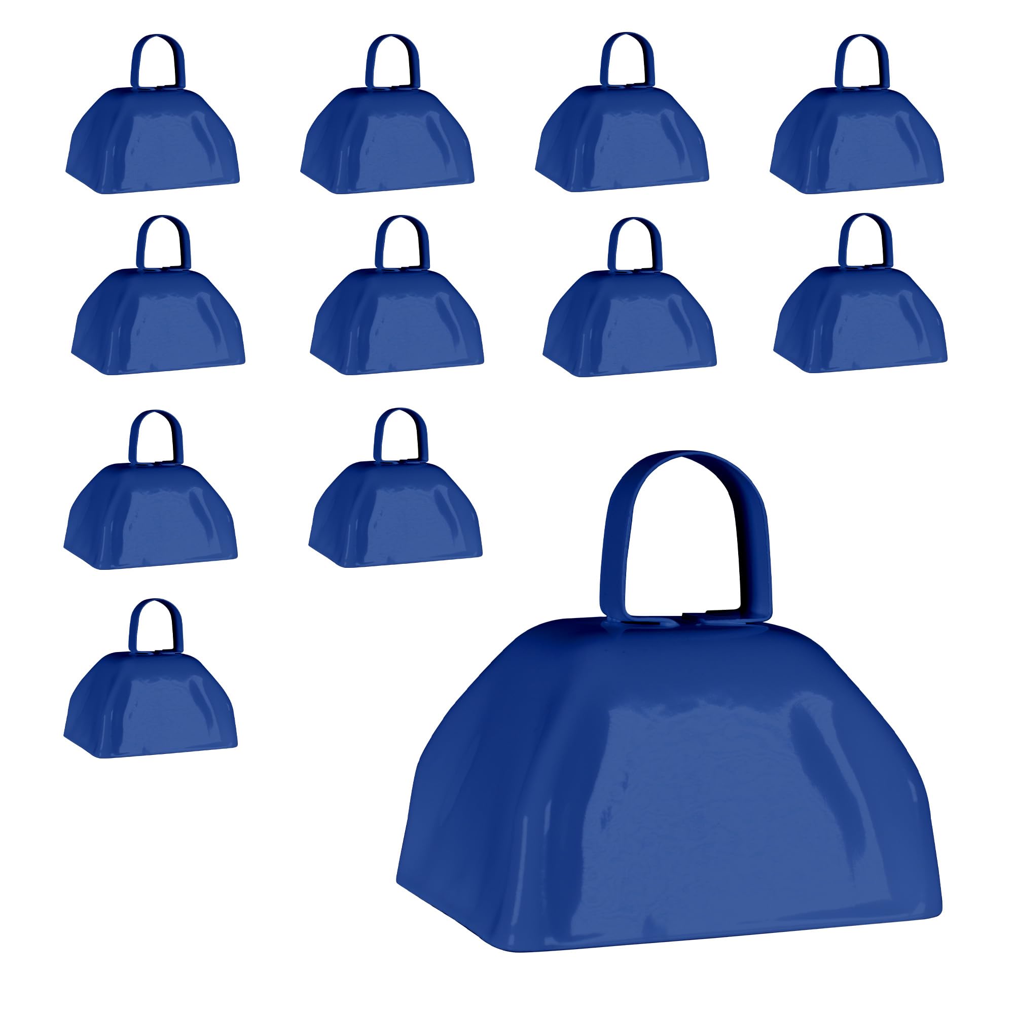 3 Inch Metal Cowbells with Handles - 12 Pack Navy Blue Noise Makers for Sports Events, Cheering & Farm Use - Loud Windy City Novelties Cow Bells
