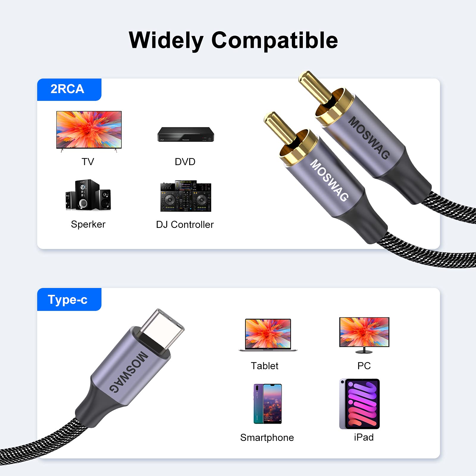 MOSWAG USB C to RCA Audio Cable 9.9FT, USB-C to 2 RCA Male to Male Y Splitter with DAC Chip - Compatible with Laptop, Tablet, Smartphone, Pixel 3/2/2XL, Amplifier, Speaker - Perfect for Home Theater, Car Audio & Music Streaming