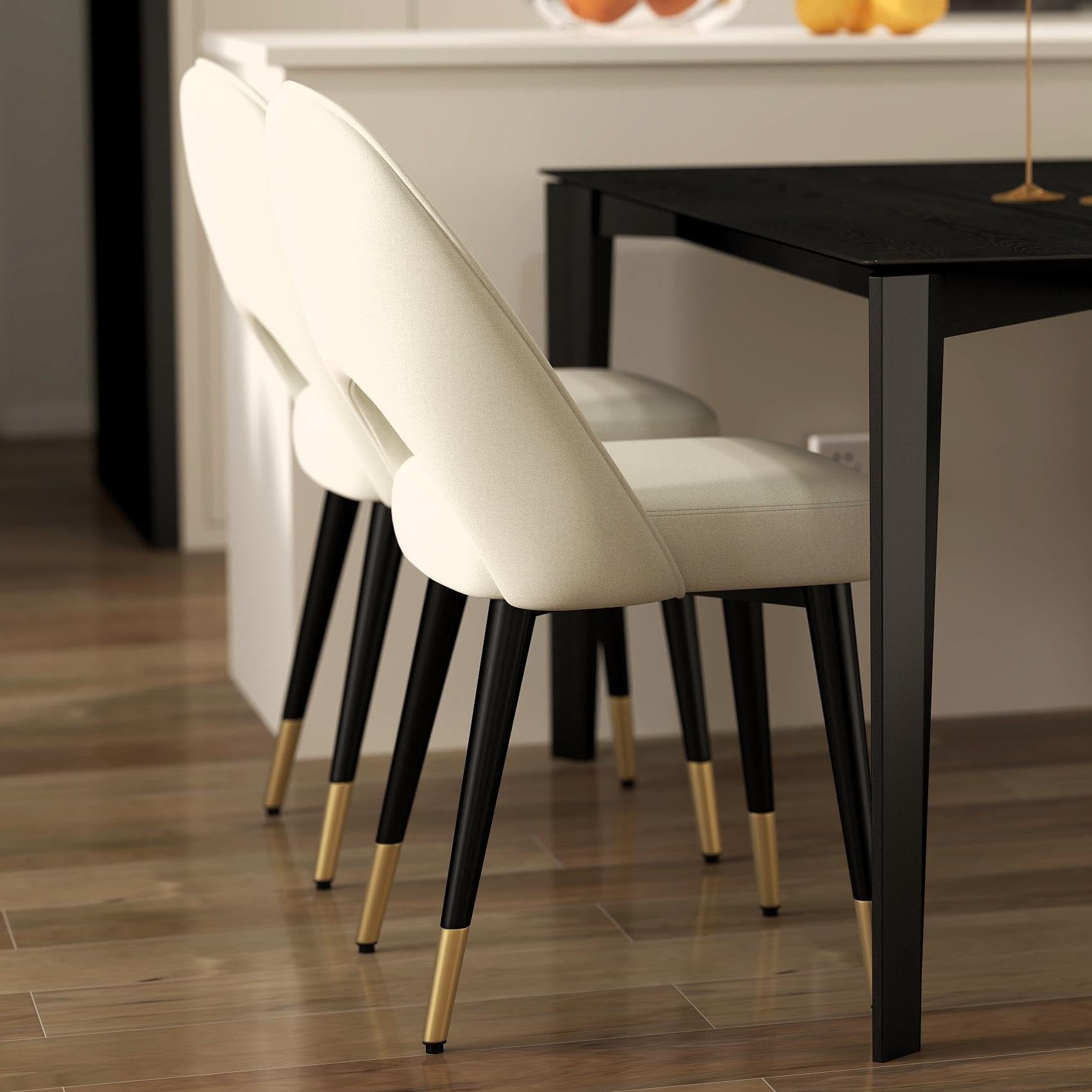 LukeAlon Classic Velvet Dining Chairs Set of 2 - Mid Century Modern Upholstered Armless Side Chairs with Open Back & Metal Legs for Kitchen, Dining Room - Beige Velvet Fabric - Perfect for Home Decor, Restaurant, and Cafe Seating