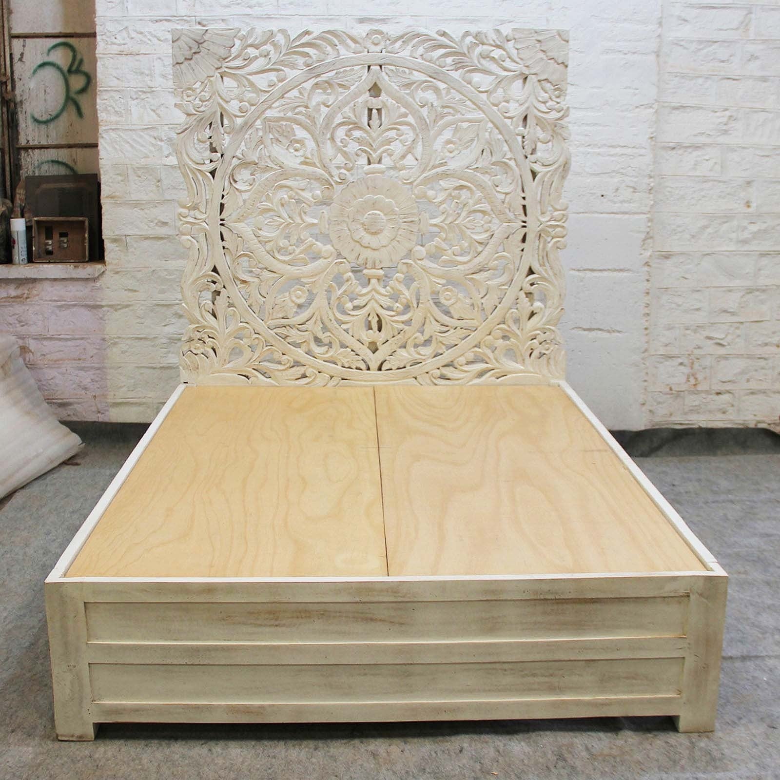 Hand Carved Indian Solid Wooden Sahara Bed Frame in White - Queen/King Size Luxury Bed Frame for Master Bedroom & Guest Room Decor