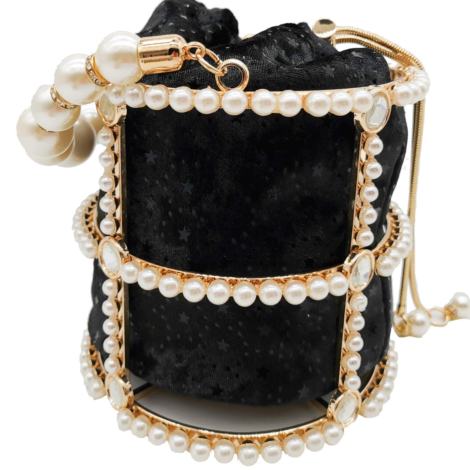 Elegant Synthetic Pearl Top-Handle Women's Metal Bucket Bag - Crystal Evening Purse & Formal Wedding Clutch Handbag for Parties, Prom, Bridal Events & Special Occasions