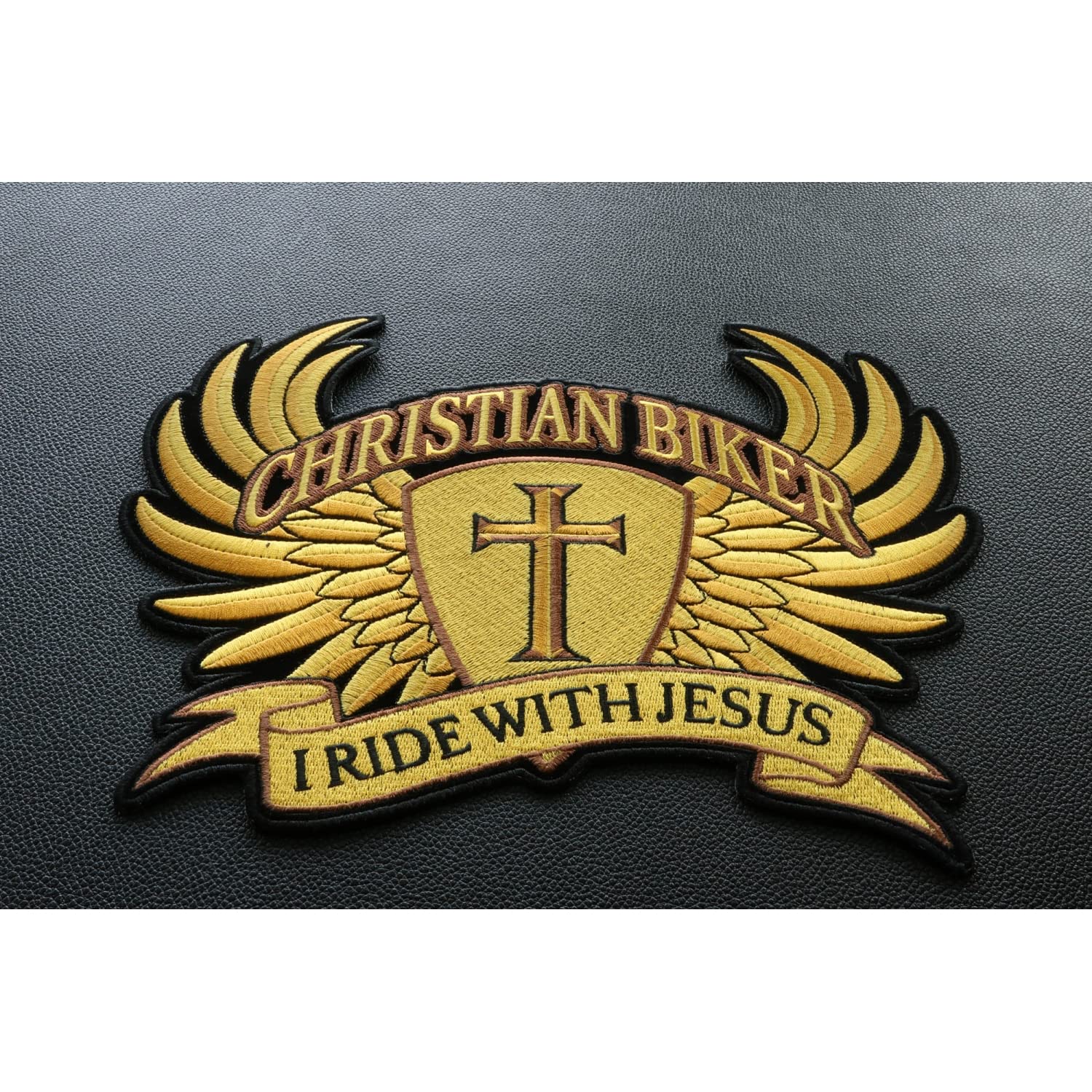 Christian Biker Cross in Wings I Ride with Jesus Patch - Large Embroidered Back Patches for Motorcycle Vest & Jacket - Perfect for Biker Church, Christian Riders & Motorcycle Ministries