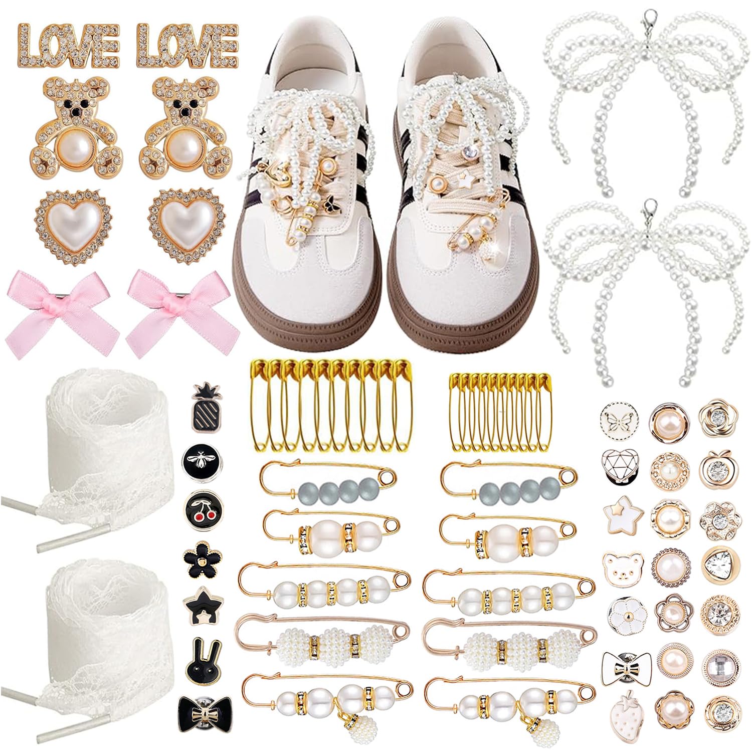 72 Pcs Sneaker Charms - Pearl Rhinestone Shoe Jewelry for Women | Stylish Shoelace Charms, Brooches & Safety Pins | Perfect for Sneakers, Socks & Clothing Accessories | Great for Casual Wear, Parties & Fashion DIY Projects