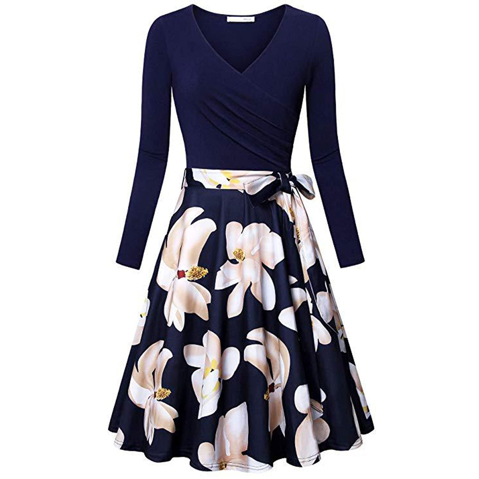 Elegant Floral Print V-Neck Long Sleeve Cocktail Dress for Women | A-Line Swing Midi Party Dress | Perfect for Weddings, Cocktail Parties & Formal Events