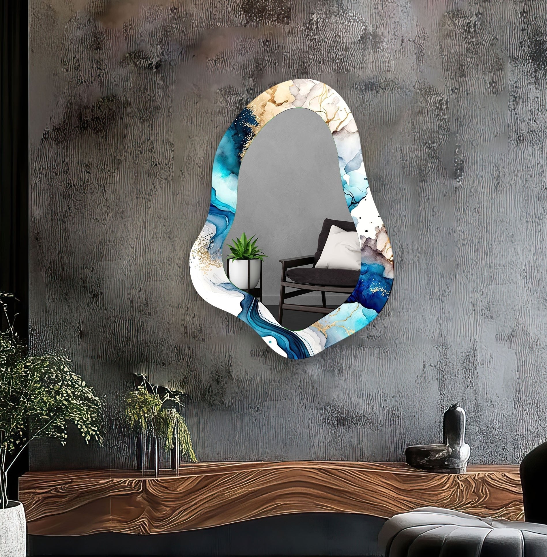 Blue Alcohol Ink Abstract Wall Mirror - Handmade Modern Home Decor for Living Room, Bedroom, or Bathroom