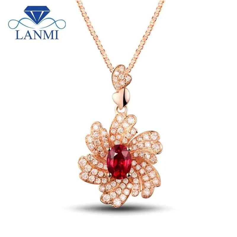 14K Rose Gold Oval Cut Natural Diamond & Ruby Pendant Necklace - Elegant Jewelry Gift for Women, Anniversary, Valentine's Day | WP060
