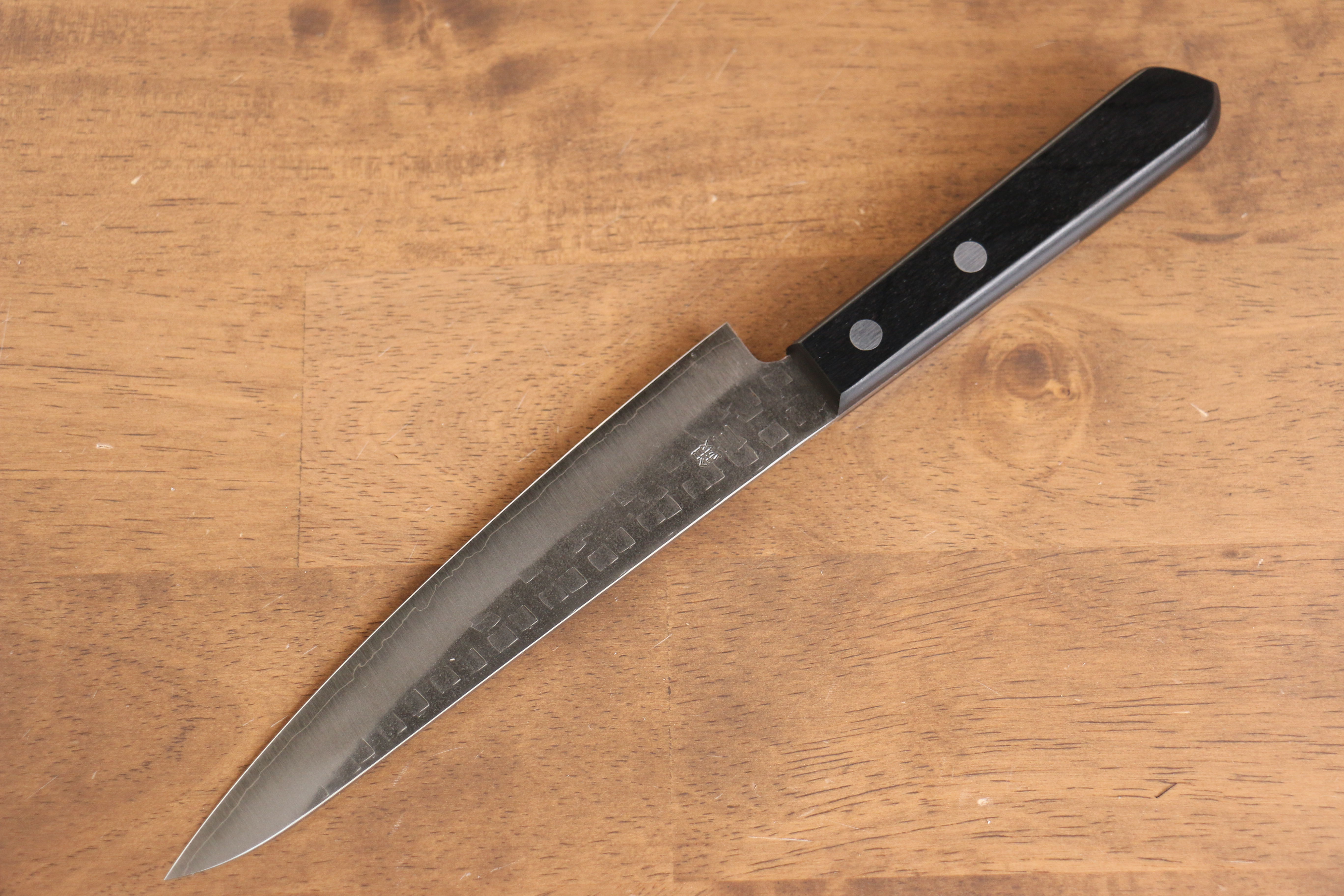 Nao Yamamoto 160mm Silver Steel No.3 Hammered Petty Utility Knife with Black Pakka Wood Handle - Perfect for Slicing, Chopping, and Precision Kitchen Tasks