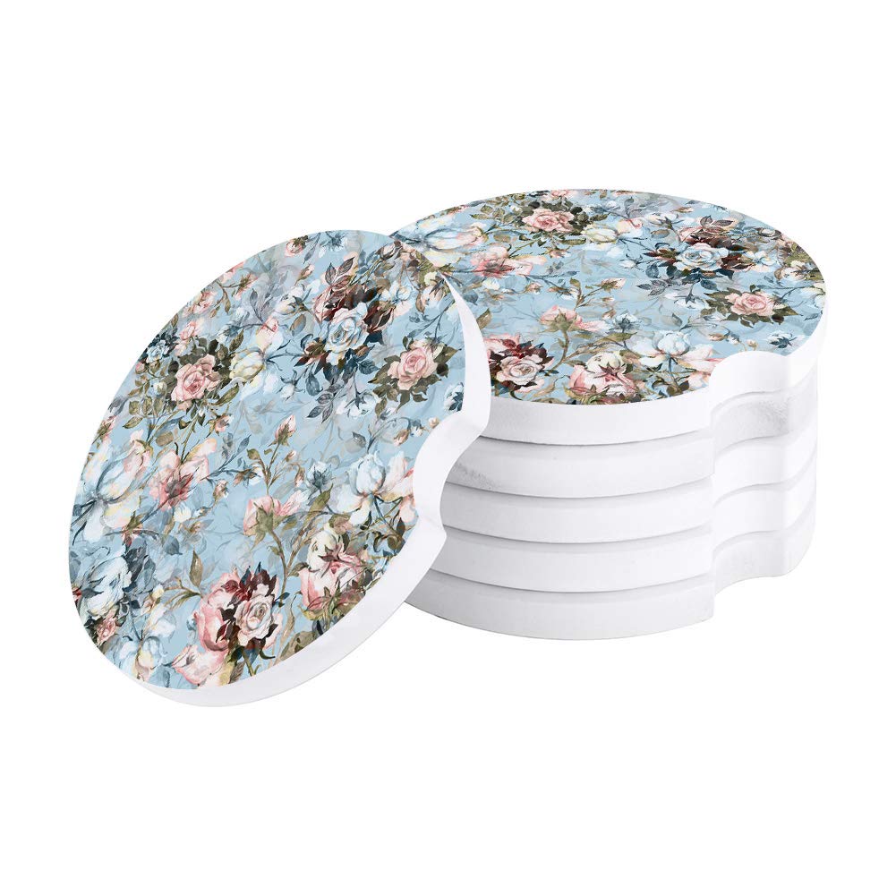 Absorbent Floral Ceramic Car Coasters with Finger Notch - 6 Pack Blue Car Accessories for Easy Removal, Perfect for Coffee, Tea, and Beverages in Vehicles