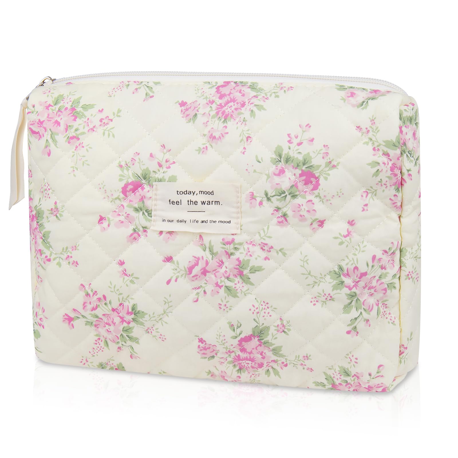 Floral Makeup Bag for Women & Girls | Cute Cotton Quilted Cosmetic Bag | Travel Toiletry Organizer with Flower Design (Pink) - Perfect for Travel, Gym & Daily Essentials Storage