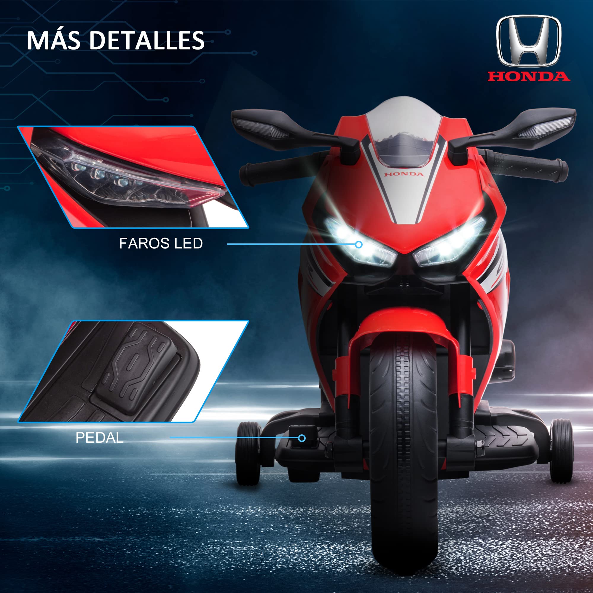 HOMCOM Licensed Honda-Style Electric Motorcycle for Kids 3-5 Years | 6V Battery-Powered Ride-On Toy with Headlight, Horn, Music & Removable Training Wheels | 30kg Weight Capacity 90x44x52cm | Red | Perfect for Birthday Gifts, Outdoor Play & Early Riding Skills Development