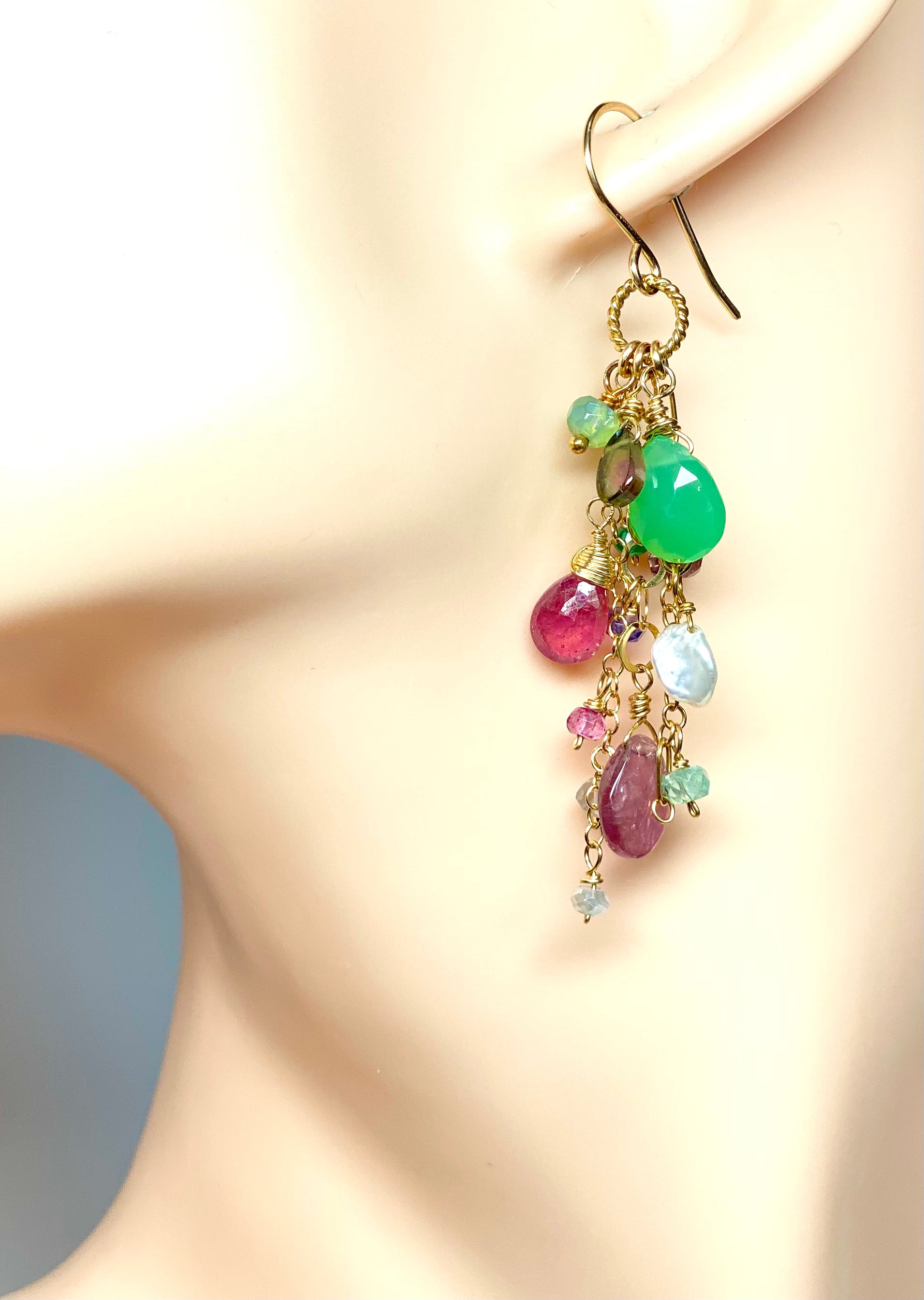 Pink Tourmaline & Green Chrysoprase Dangle Earrings - 14K Gold Filled Gemstone Jewelry for Women - Perfect for Weddings, Parties & Special Occasions