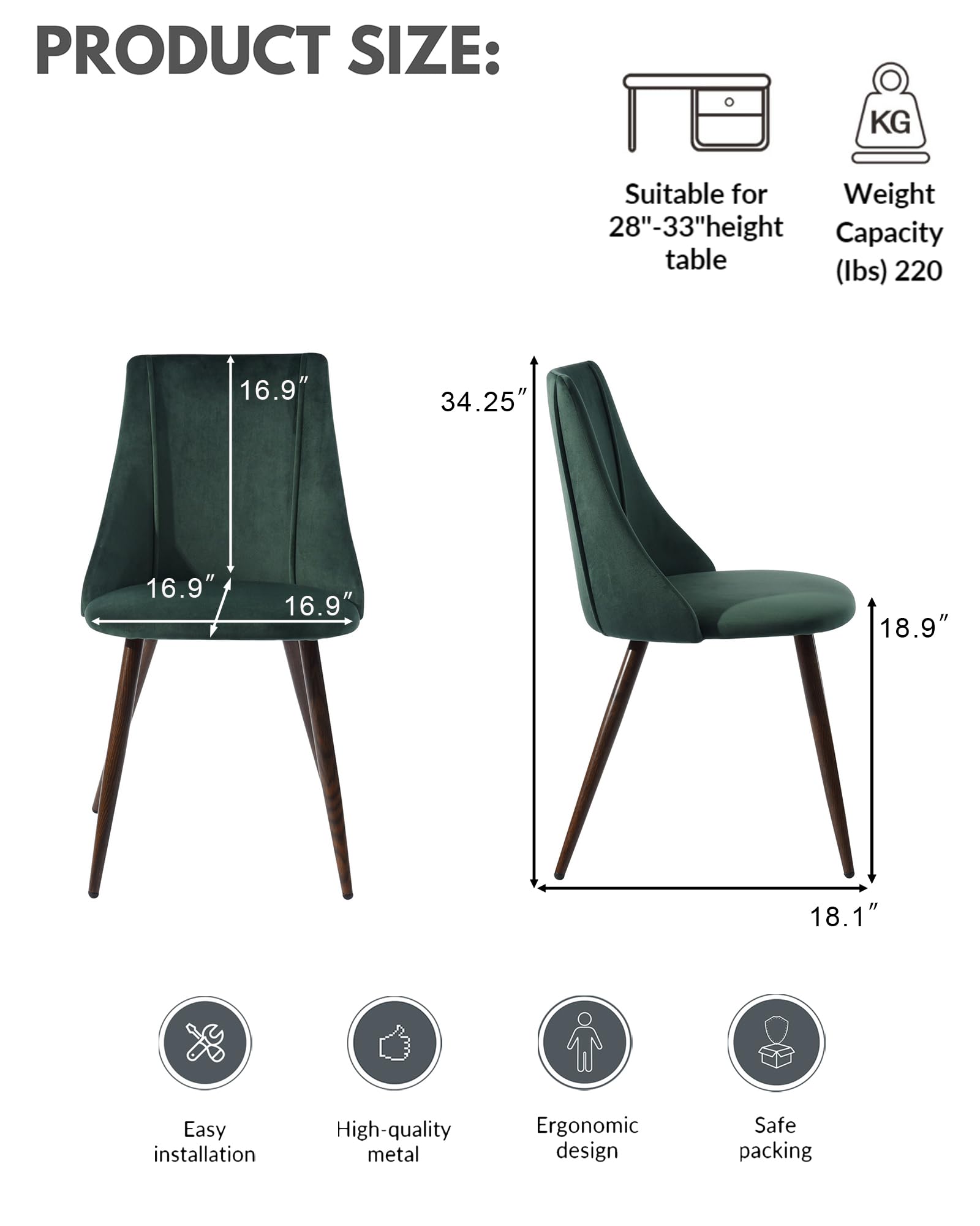 Luxury Velvet Dining Chairs Set of 2 - Modern Upholstered Kitchen Side Chairs with Soft Cushion & Sturdy Metal Legs - Elegant Accent Chairs for Home, Restaurant, or Cafe - Perfect for Dining Room, Kitchen Island, or Breakfast Nook - Green (2-Piece Set)