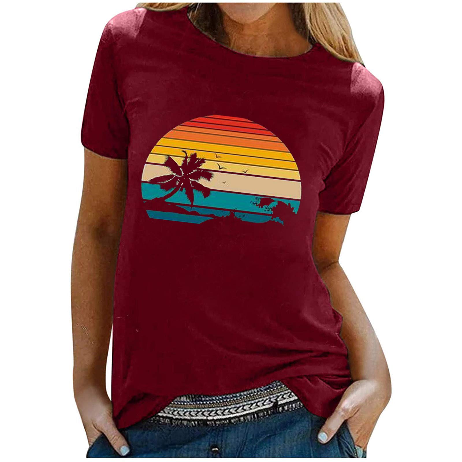 Women's Printed Halter Tops - Rainbow Short Sleeve Flowy Summer Blouse T-Shirt for Casual Wear, Beach Outfits & Vacation Essentials