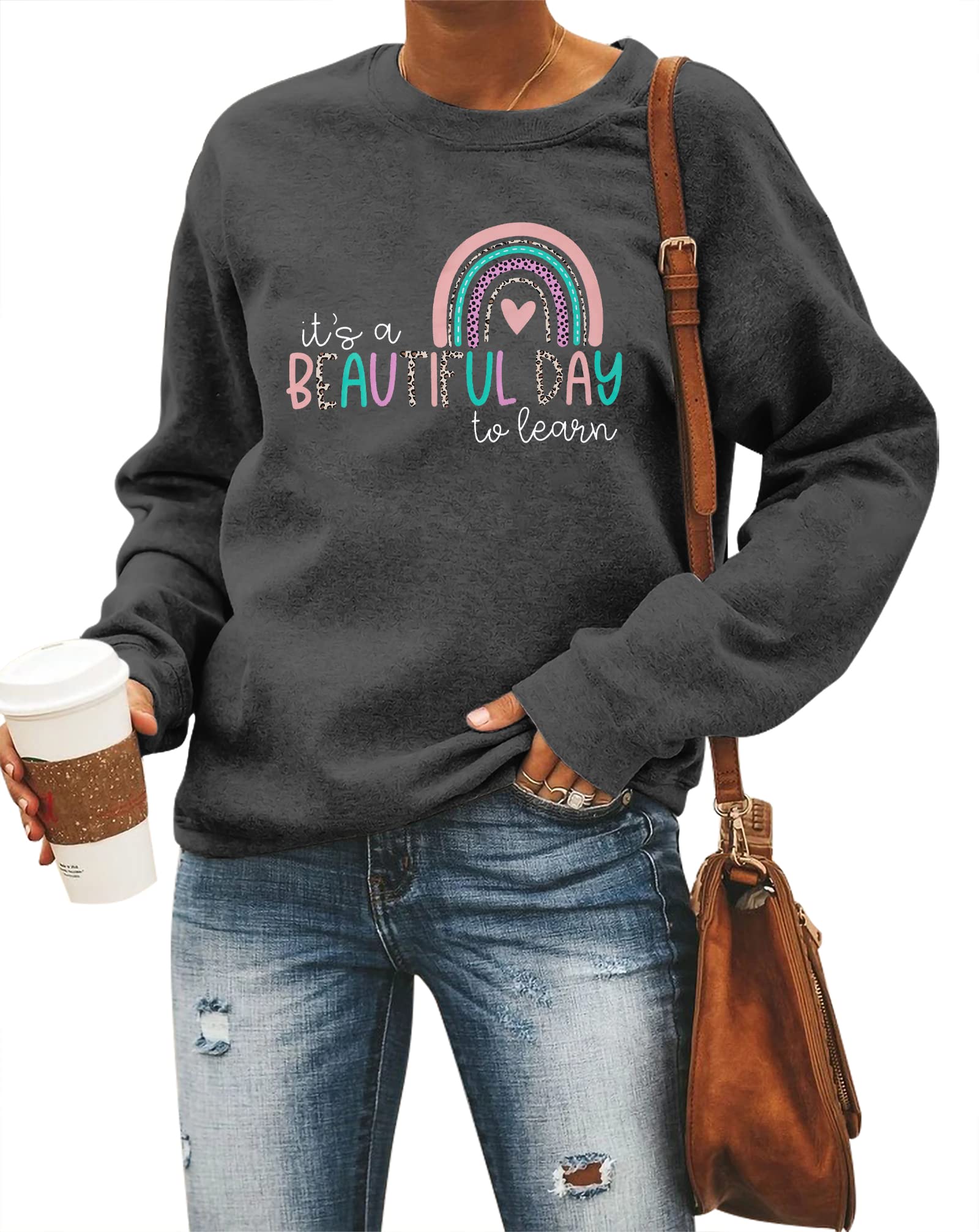 VILOVE Women's Rainbow 'It's a Beautiful Day to Learn' Funny Teacher Book Lover Sweatshirt - Cozy Pullover for Reading, Teaching & Bookworm Enthusiasts