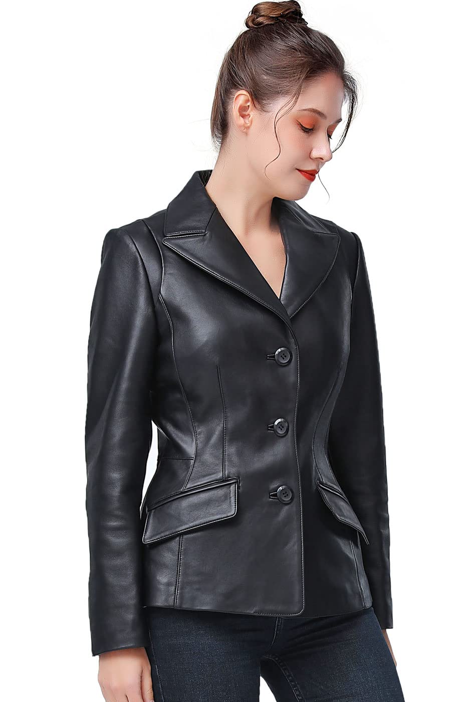 BGSD Women's Emma Lambskin Leather Blazer Jacket - Plus Size & Petite Available | Elegant Office Wear & Evening Outfits for Professional Women