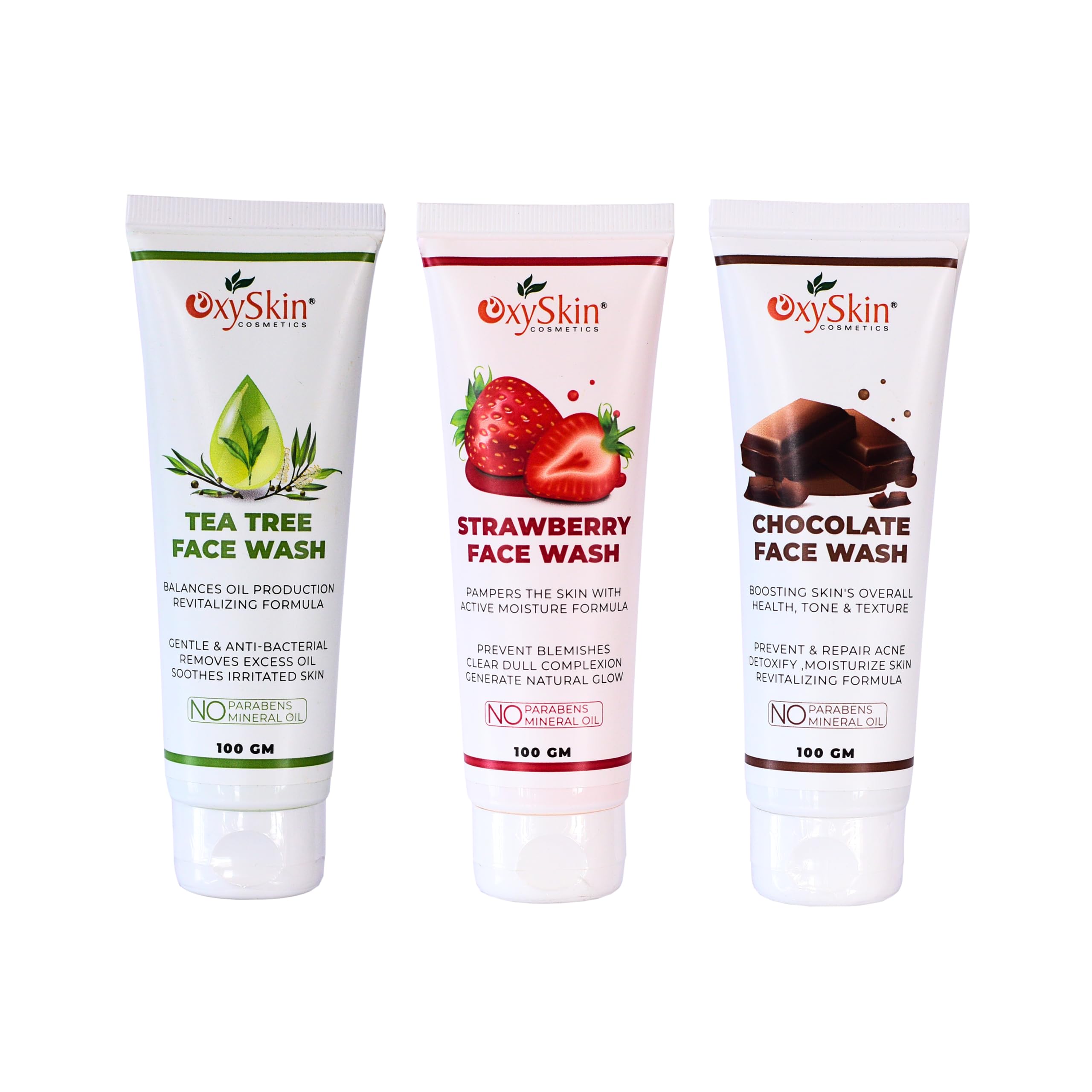 Oxyskin Cosmetics - Tea Tree, Strawberry & Chocolate Face Wash Set (3-Pack) | Natural Cleanser for Acne, Oily & Sensitive Skin | Daily Skincare Routine