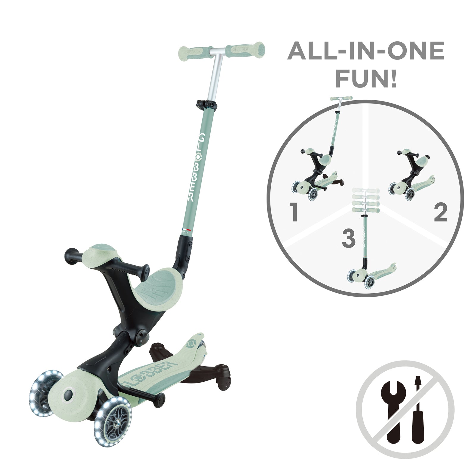 Globber Go Up Deluxe Ecologic 360 Foldable LED Light Scooter for Kids - Portable & Safe Ride-On Toy for Commuting, Park Adventures & Neighborhood Fun