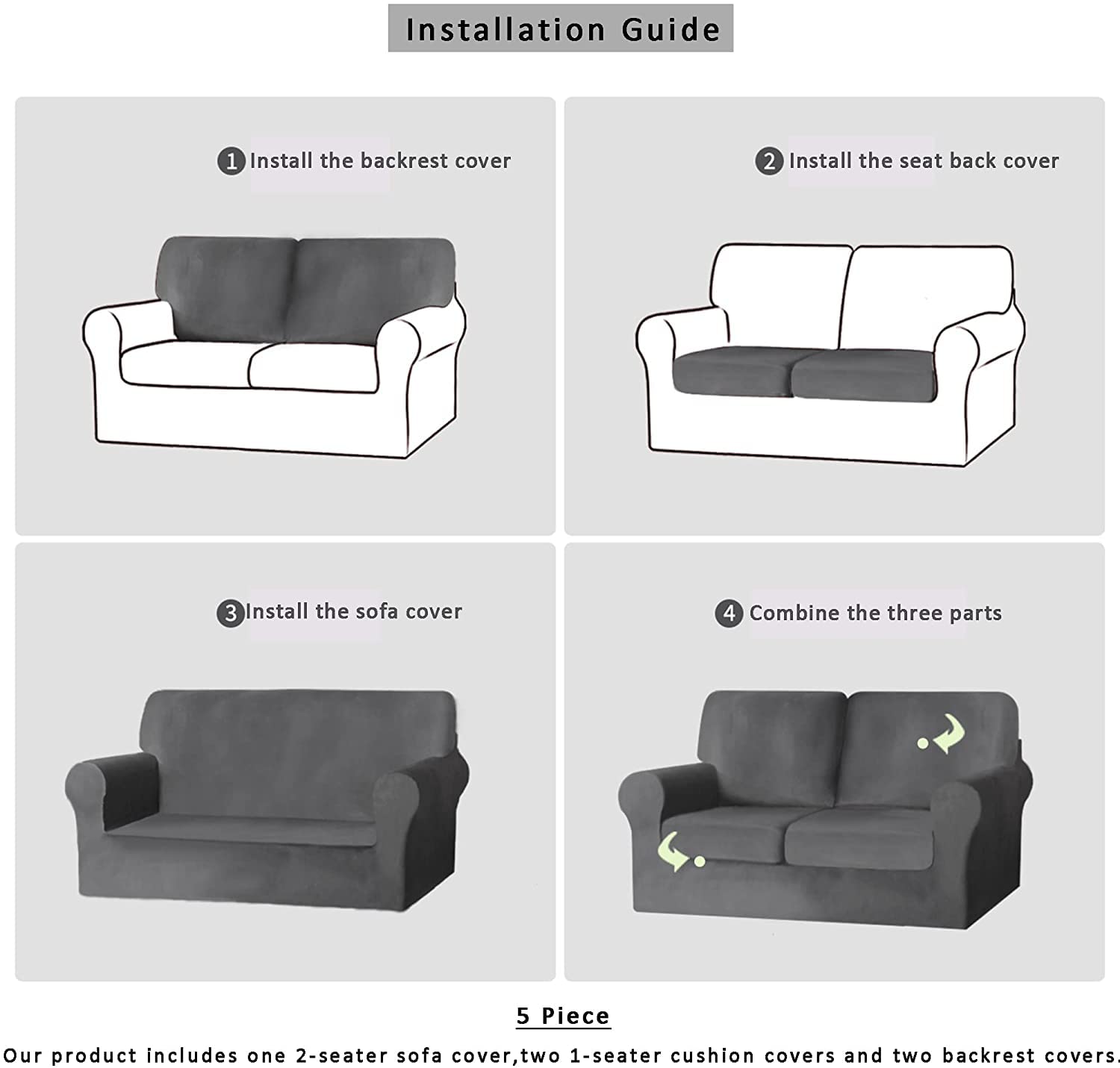 5-Piece Stretch Velvet Sofa Cover for 2-Seater Loveseat - Elastic Slipcover with Separate Backrests & Cushion Cover | Pet & Kid Friendly | Blue Velvet Furniture Protector | Perfect for Living Room, Family Room & Pet Owners