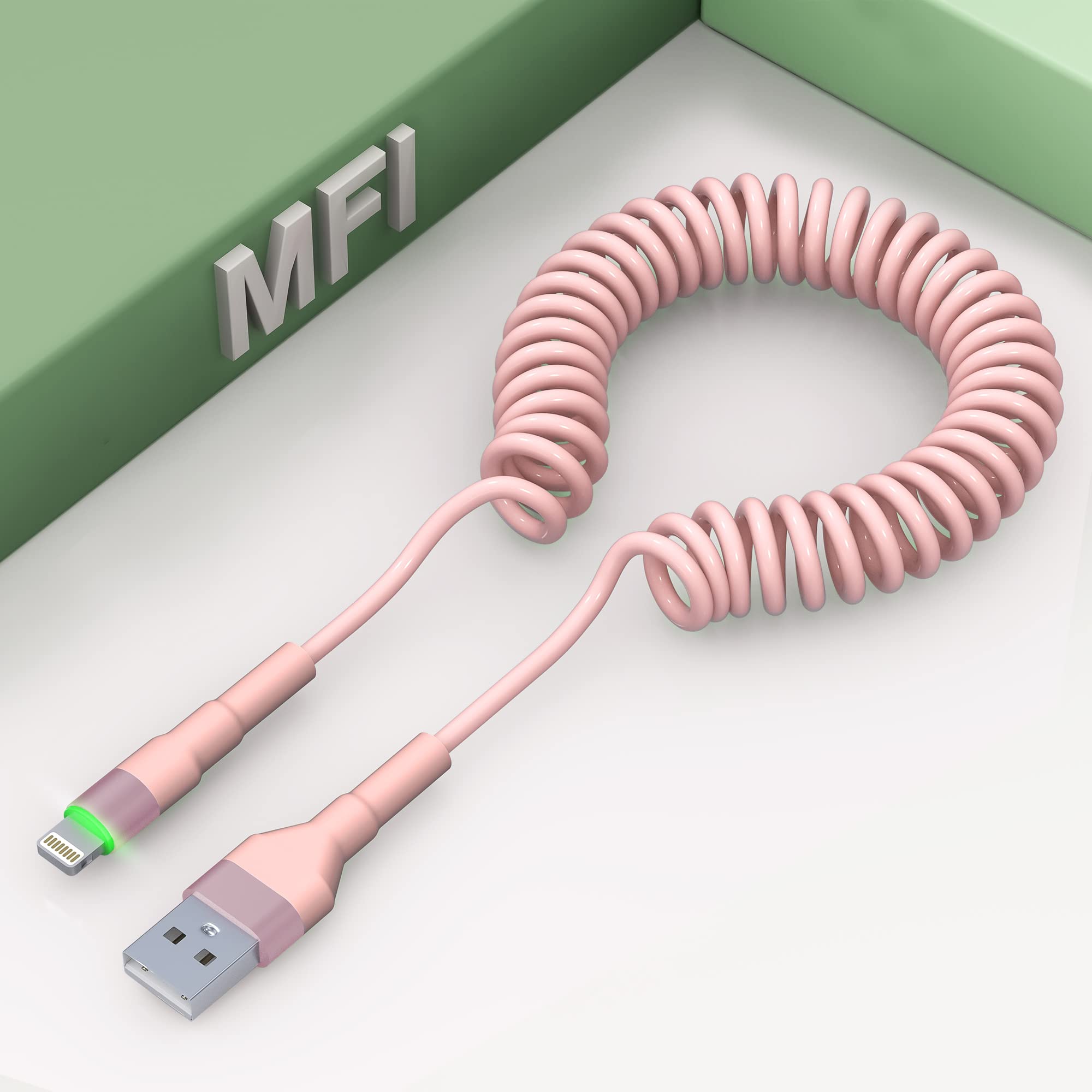 MFi Certified Coiled iPhone Lightning Cable - 3ft Short Apple CarPlay Charger with Fast Data Sync - Durable Pink Charging Cable for iPhone in Car, Home & Office Use