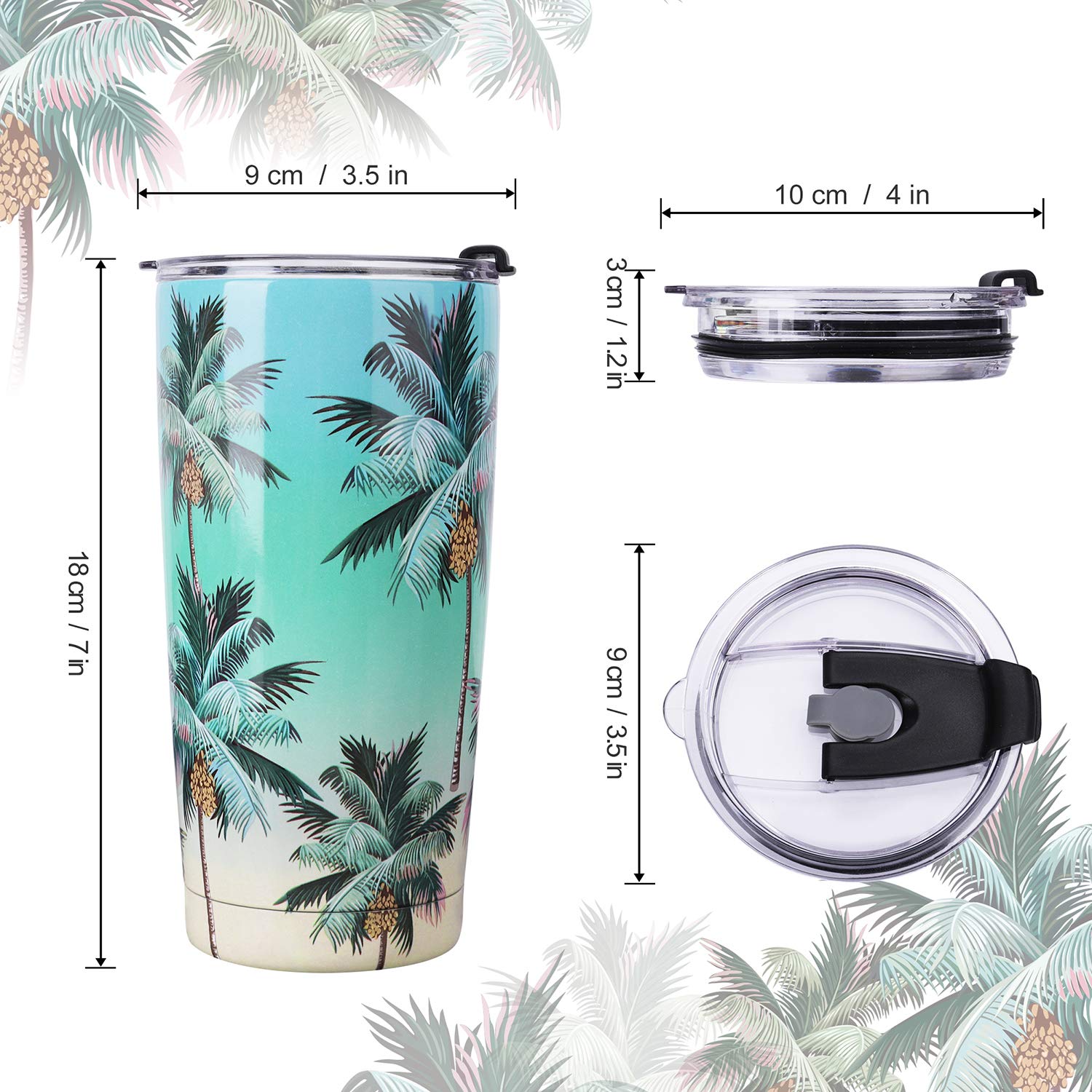 NymphFable 20oz Stainless Steel Insulated Tumbler with Straw & Lid - Double Wall Vacuum Palm Tree Design Travel Mug for Coffee, Iced Tea & Cold Drinks - Perfect for Beach, Poolside & Summer Outdoor Activities