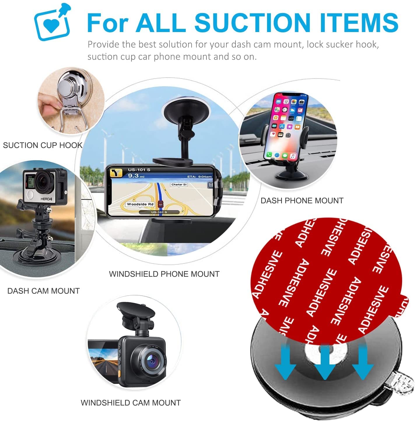 53mm (2.09 Inch) Strong Adhesive Stickers - 6PCS Double-Sided Mounting Pads for Car Dashboard, GPS Dash Cam, Phone Holder & Wireless Charger | Secure Suction Cup Mounting Solution for Vehicles & Home Use