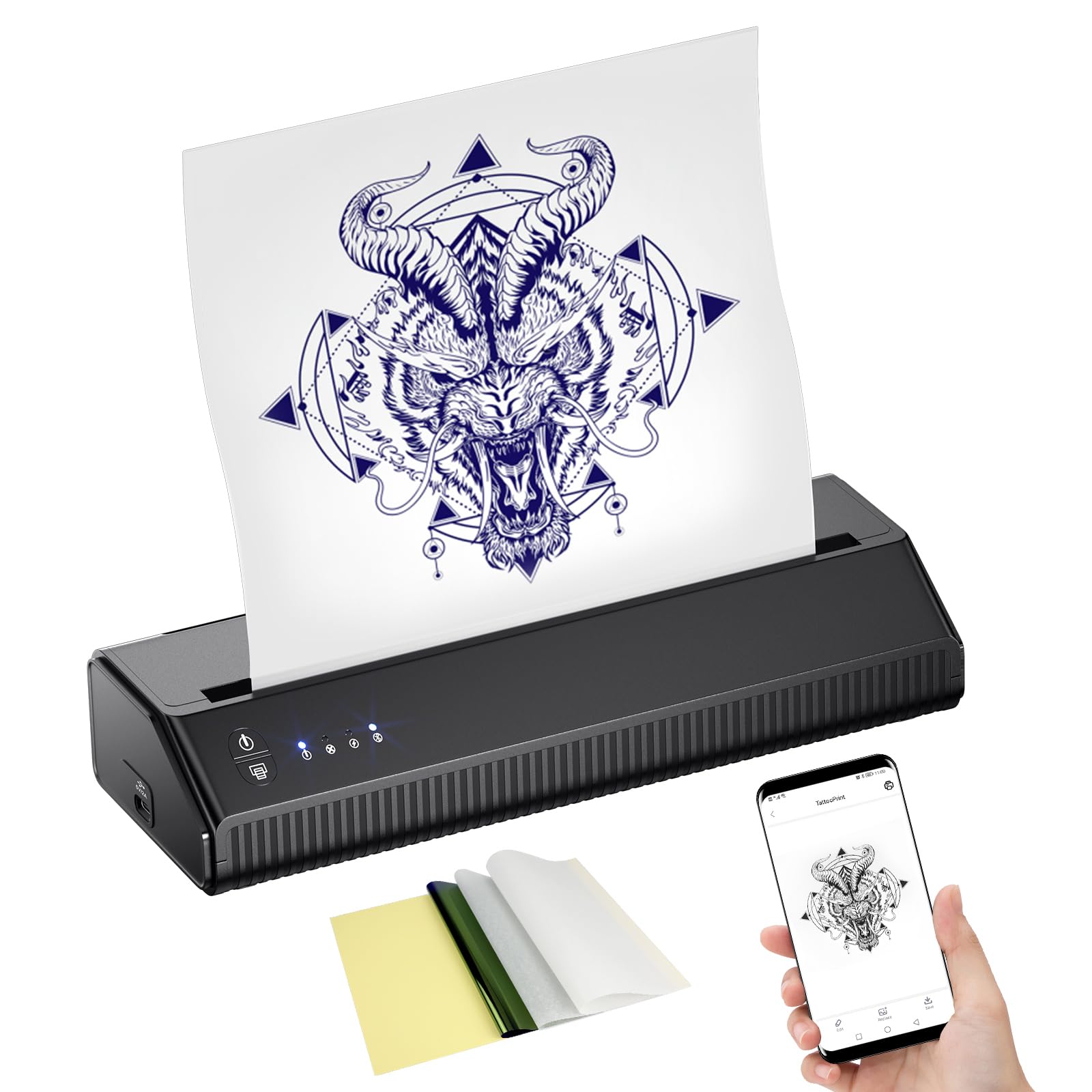 BIOMASER Wireless Thermal Printer for Tattoo Stencils - A4 Bluetooth Thermal Transfer Printer Compatible with iOS & Android Smartphones - Perfect for Tattoo Artists, Body Art Professionals & Temporary Tattoo Designs