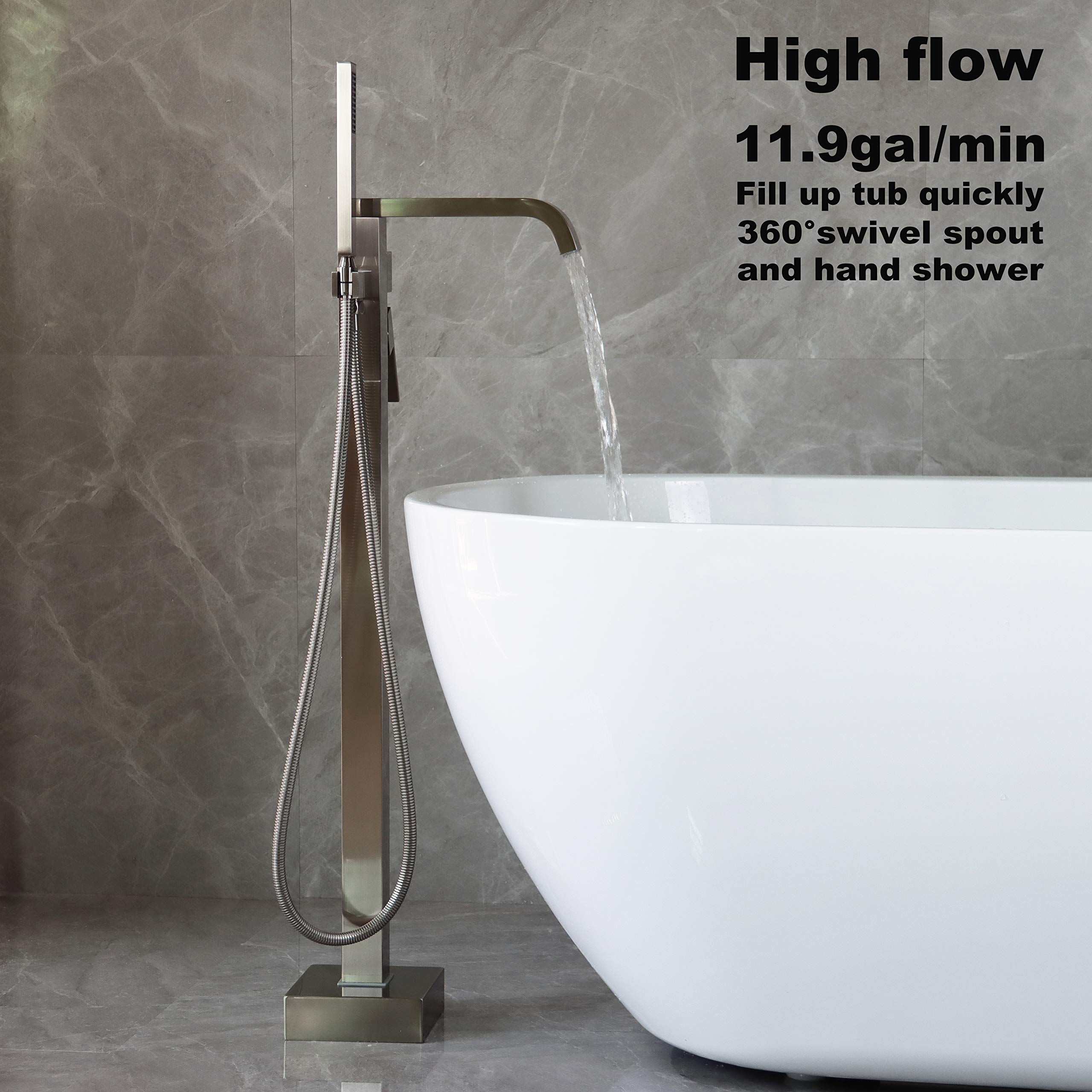 High Flow Freestanding Bathtub Faucet - Brushed Nickel Floor Mount Tub Filler with Hand Shower (11.9 GPM) - Perfect for Modern Bathrooms, Spa-Like Relaxation & Luxury Home Renovations
