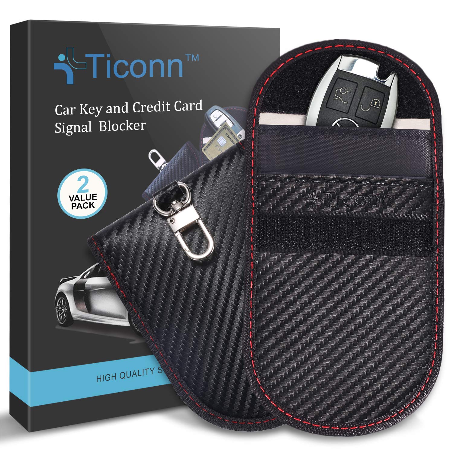 TICONN Faraday Bag for Key Fob (2 Pack) - RFID Signal Blocking Pouch, Anti-Theft Car Key Protector, Carbon Fiber Anti-Hacking Case | Prevent Car Theft & Electronic Eavesdropping | Perfect for Travel, Home Security & Vehicle Protection