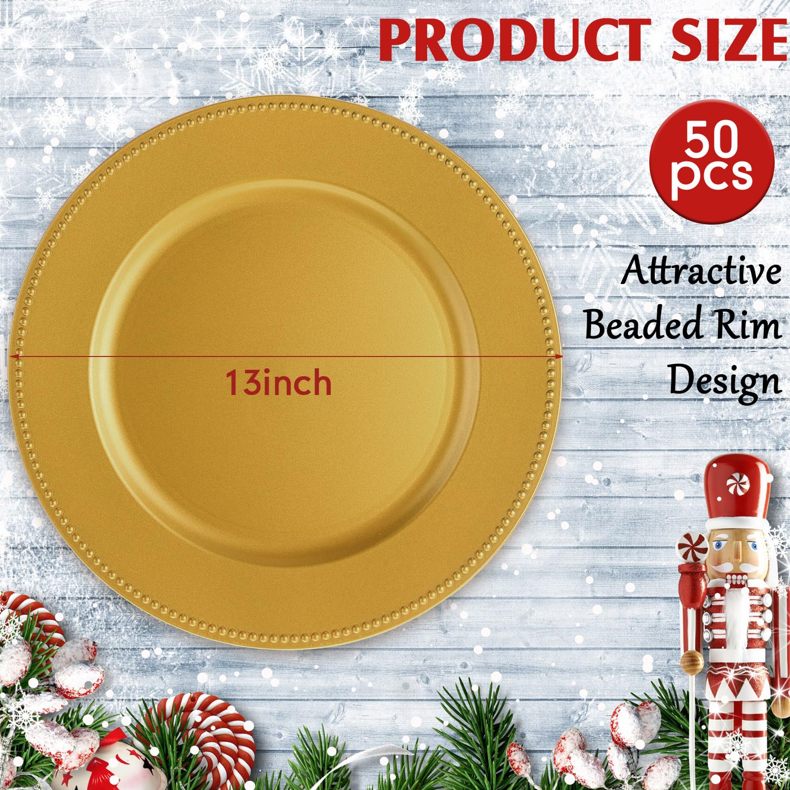 Dandat 50 Pack 13 Inch Gold Plastic Charger Plates with Beaded Rim - Reusable Round Dinner Plates for Wedding, Party & Formal Dining Table Decor - Elegant Table Setting for Special Occasions