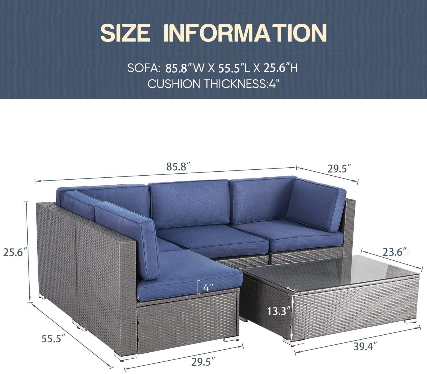 5-Piece All-Weather Outdoor Patio Furniture Set - Grey Wicker Sectional Sofa with Dark Blue Cushions & Glass Coffee Table - Perfect for Backyard, Garden, Poolside or Deck Relaxation