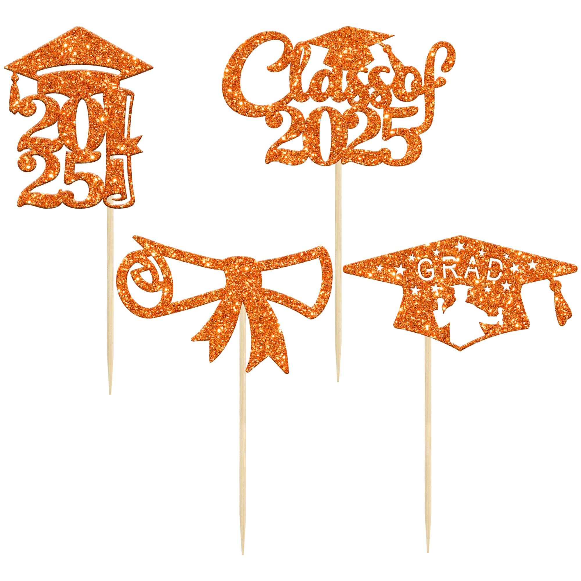 24Pcs 2025 Graduation Cupcake Toppers - Orange Glitter Congrats Class of 2025 Diploma Grad Cap Decorations | Perfect for Graduation Party, School Celebration & Dessert Table Decor