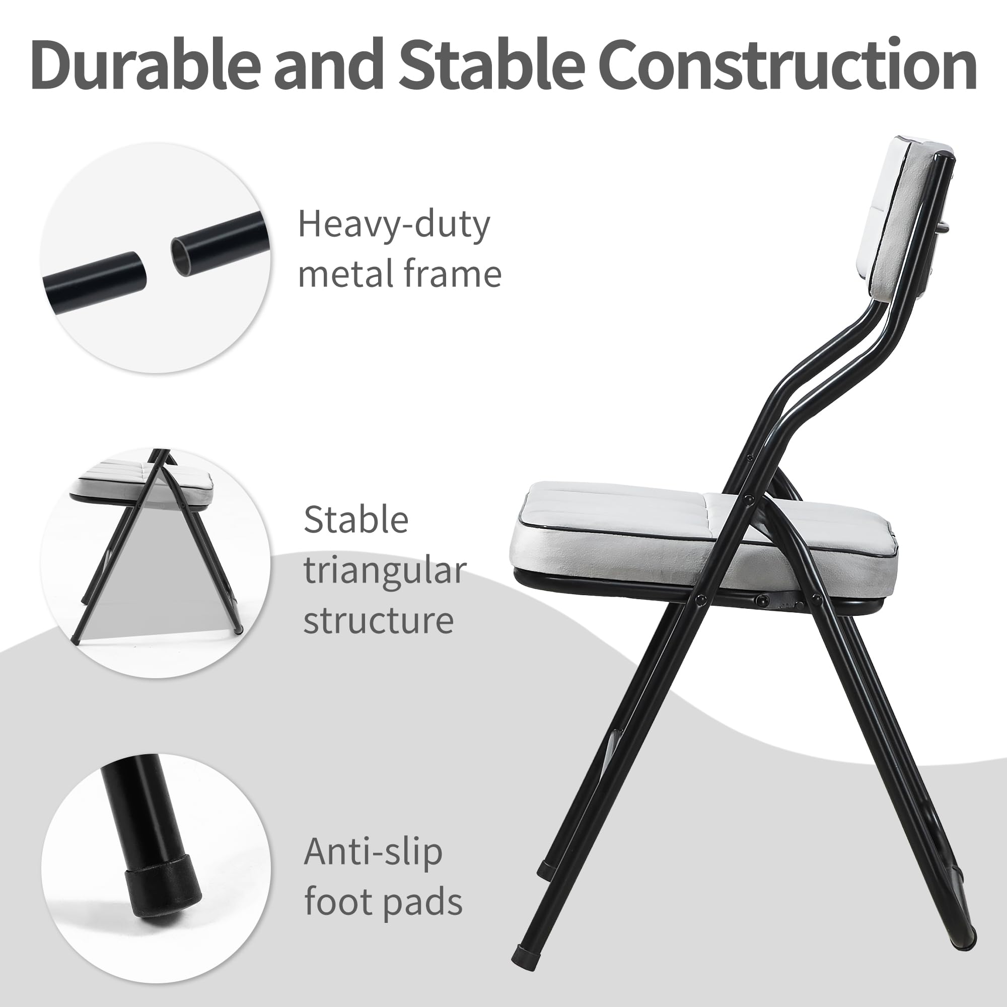 HOMEFUN 4 Pack Padded Folding Chairs with Cushion - Foldable Dining Chairs for Kitchen, Office, Wedding & Party - Portable Extra Seating for Guests (Gray) - Perfect for Indoor & Outdoor Events, Camping & Home Use
