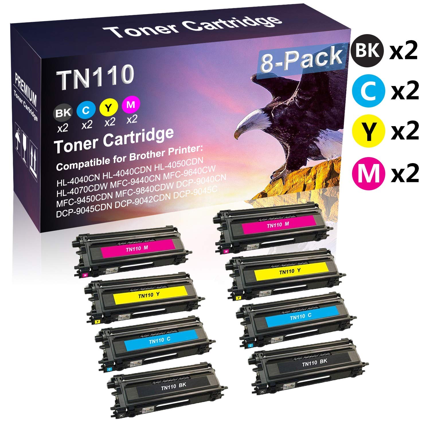 8-Pack Compatible TN110 Toner Cartridges (BK+C+Y+M) - Replacement for Brother HL-4040CN/HL-4040CDN/HL-4050CDN/HL-4070CDW Printers - Ideal for Home Office & Small Business Printing Needs