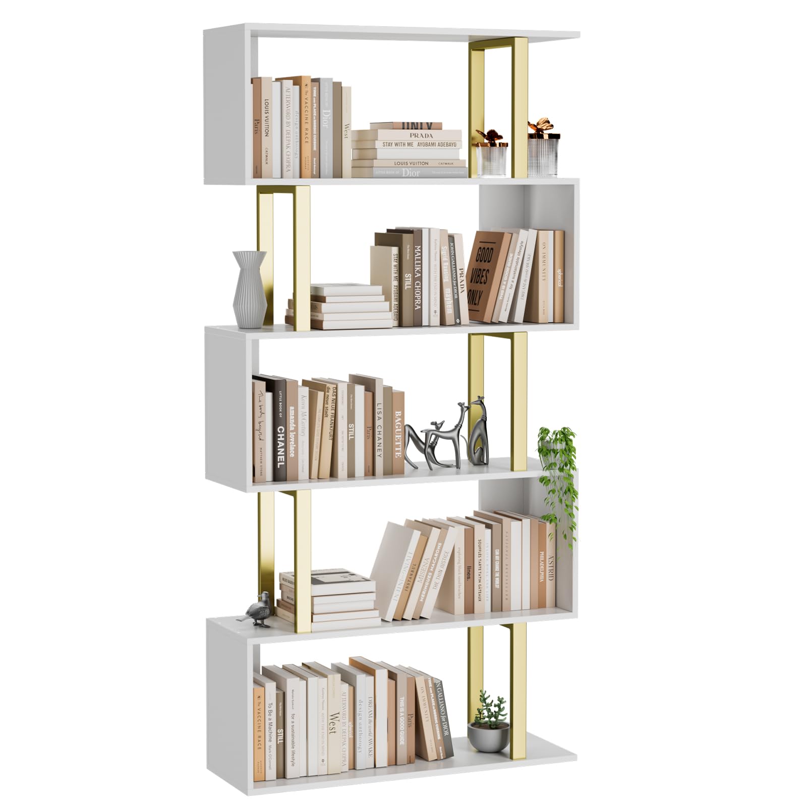 Gadroad 5-Tier Geometric Bookcase - Modern S-Shaped Wooden Bookshelf with Gold Finish, Freestanding Decorative Storage Shelf for Living Room & Bedroom | Perfect for Displaying Books, Decor & Collectibles