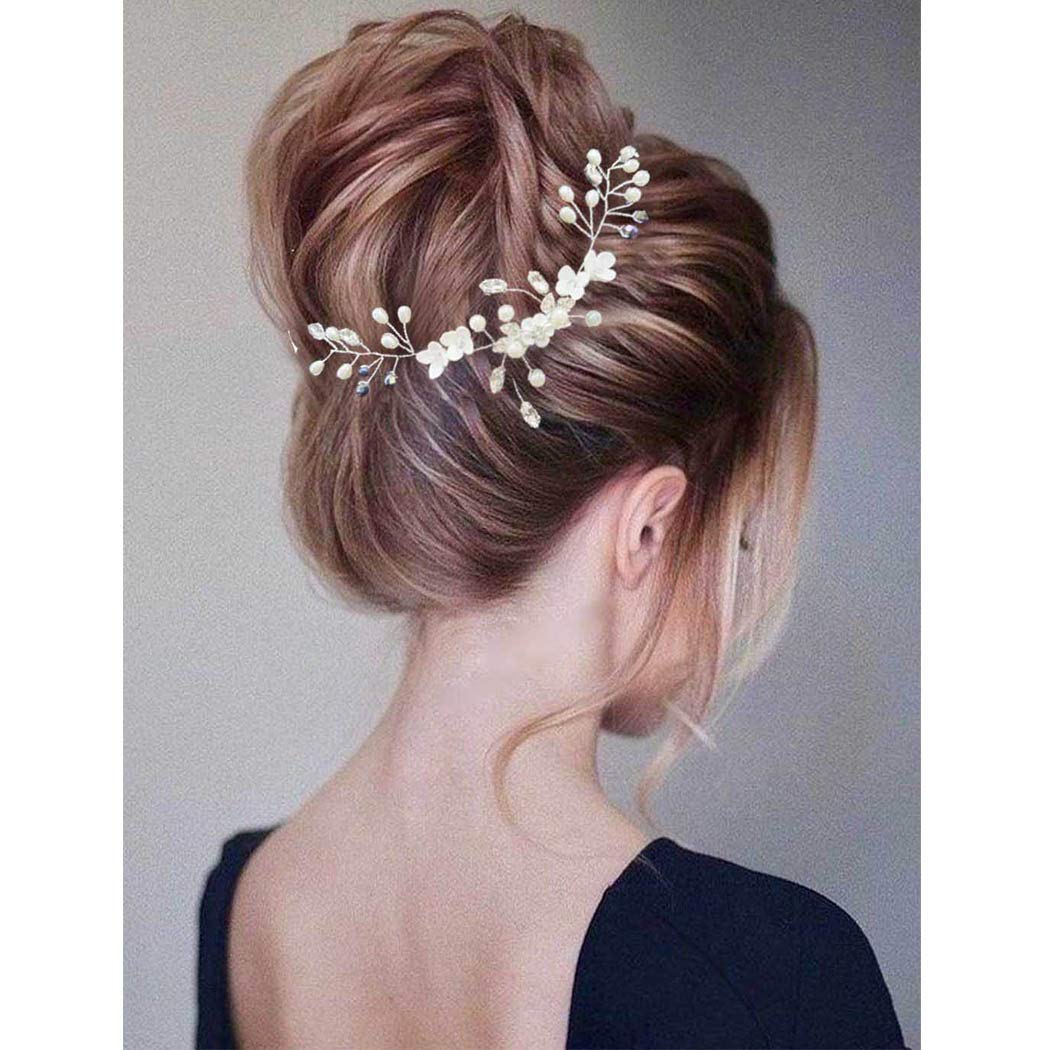 Silver Flower Bridal Hair Vine with Pearls for Wedding & Parties