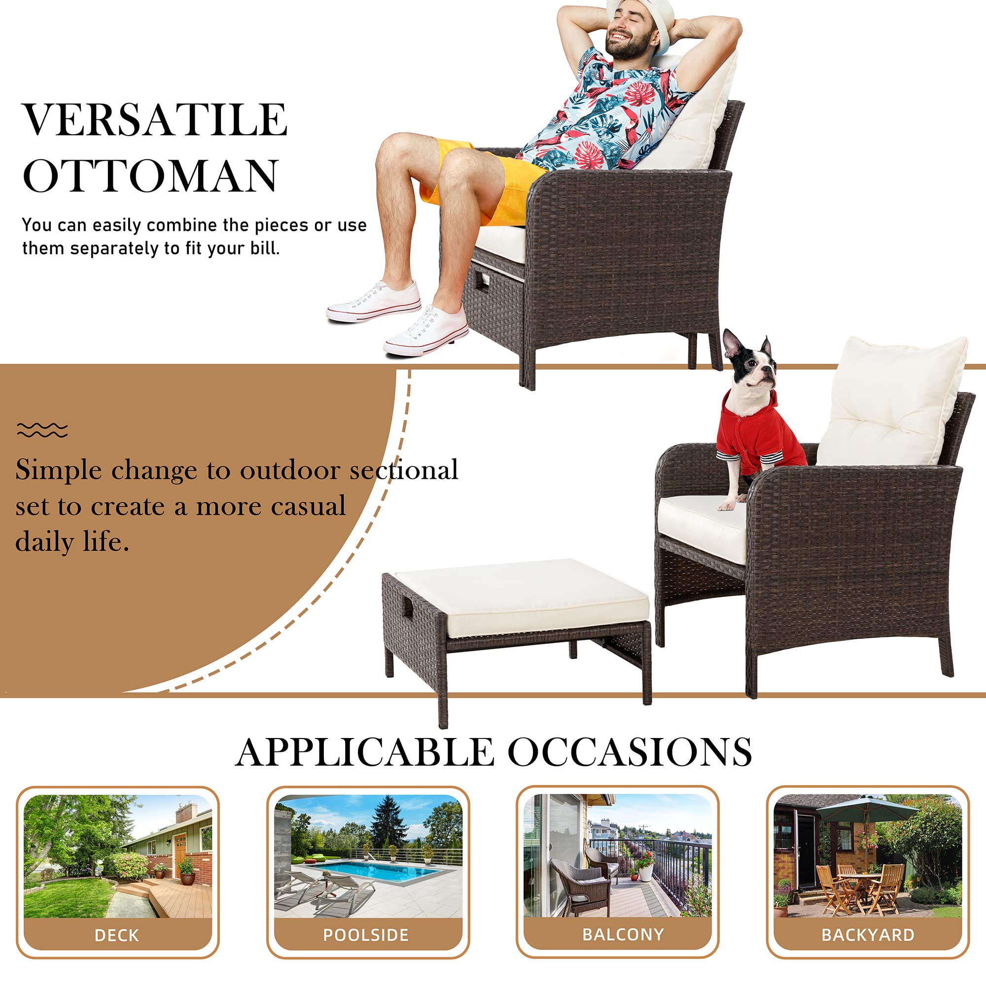 Shintenchi 5-Piece All-Weather PE Rattan Outdoor Patio Furniture Set with Cushioned Lounge Chairs & Ottoman - Perfect for Garden, Poolside, Balcony, and Backyard Relaxation