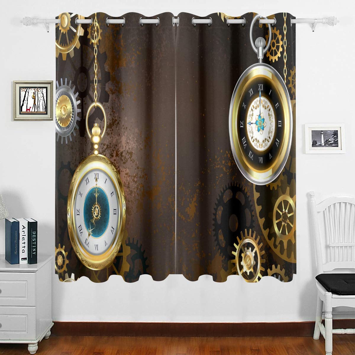 DOMIKING Steampunk Brown Blackout Curtain Panels - Thermal Insulated Grommet Drapes for Bedroom & Living Room (63x55 Inch) - Perfect for Light Blocking, Privacy & Home Decoration